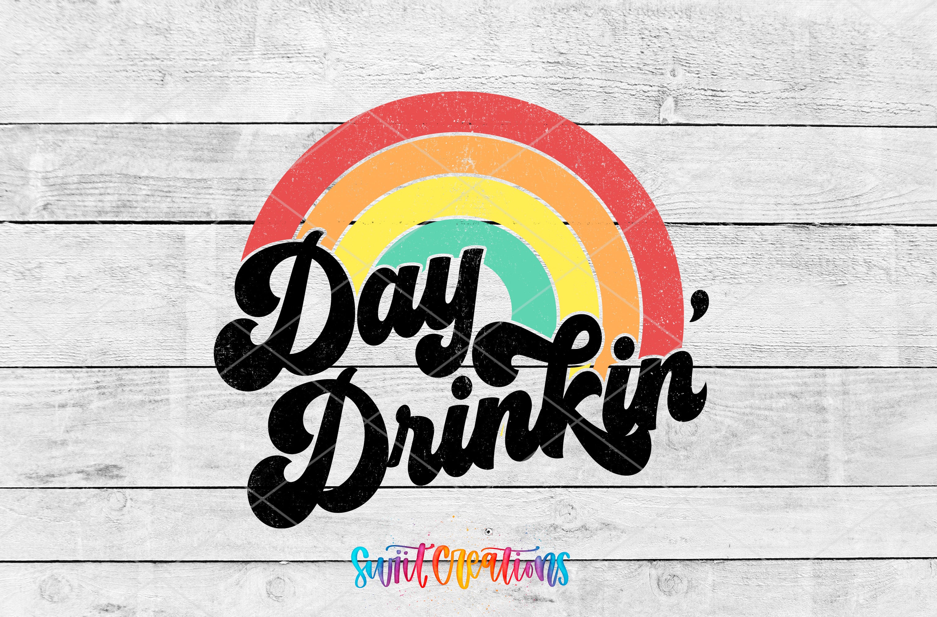 a colorful graphic design with the text "Day Drinkin'" in a stylized font.