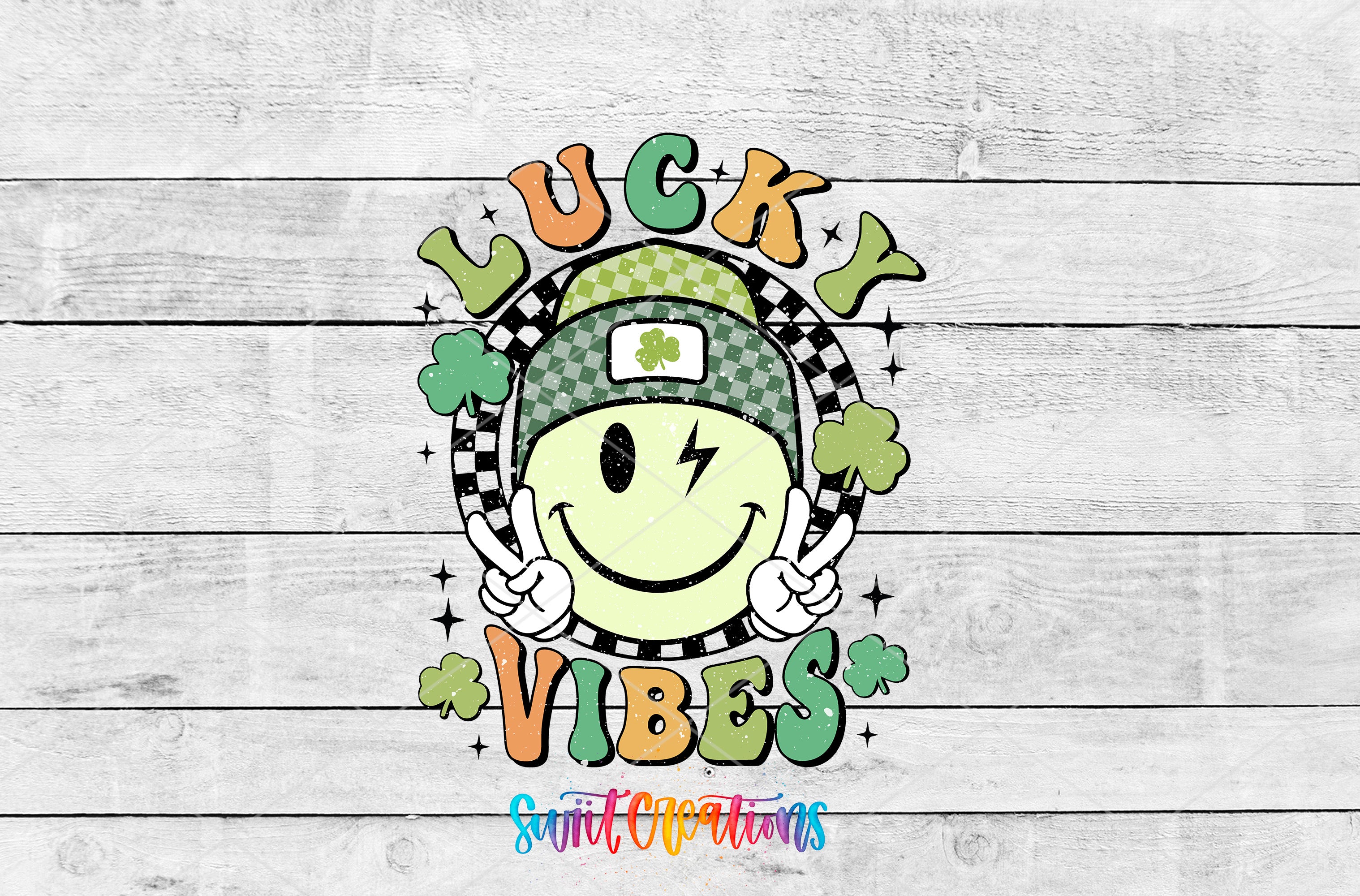A cheerful, smiling face wearing a hat with a shamrock and surrounded by the text "Lucky Vibes" against a wooden background.