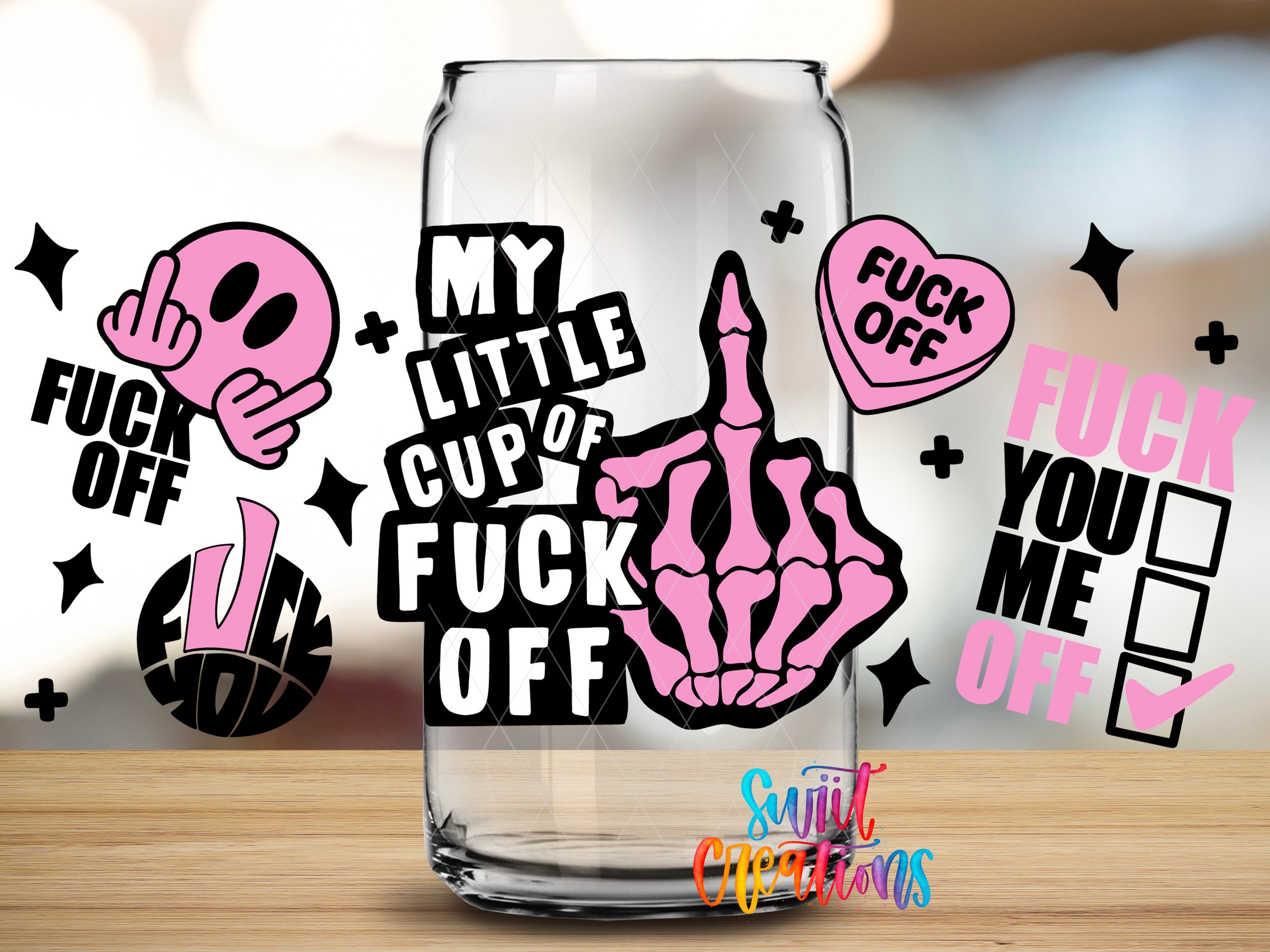 various offensive and aggressive text elements, such as "FUCK OFF", "FUCK YOU ME OFF", and a skeleton hand gesture, all set against a blurred background.