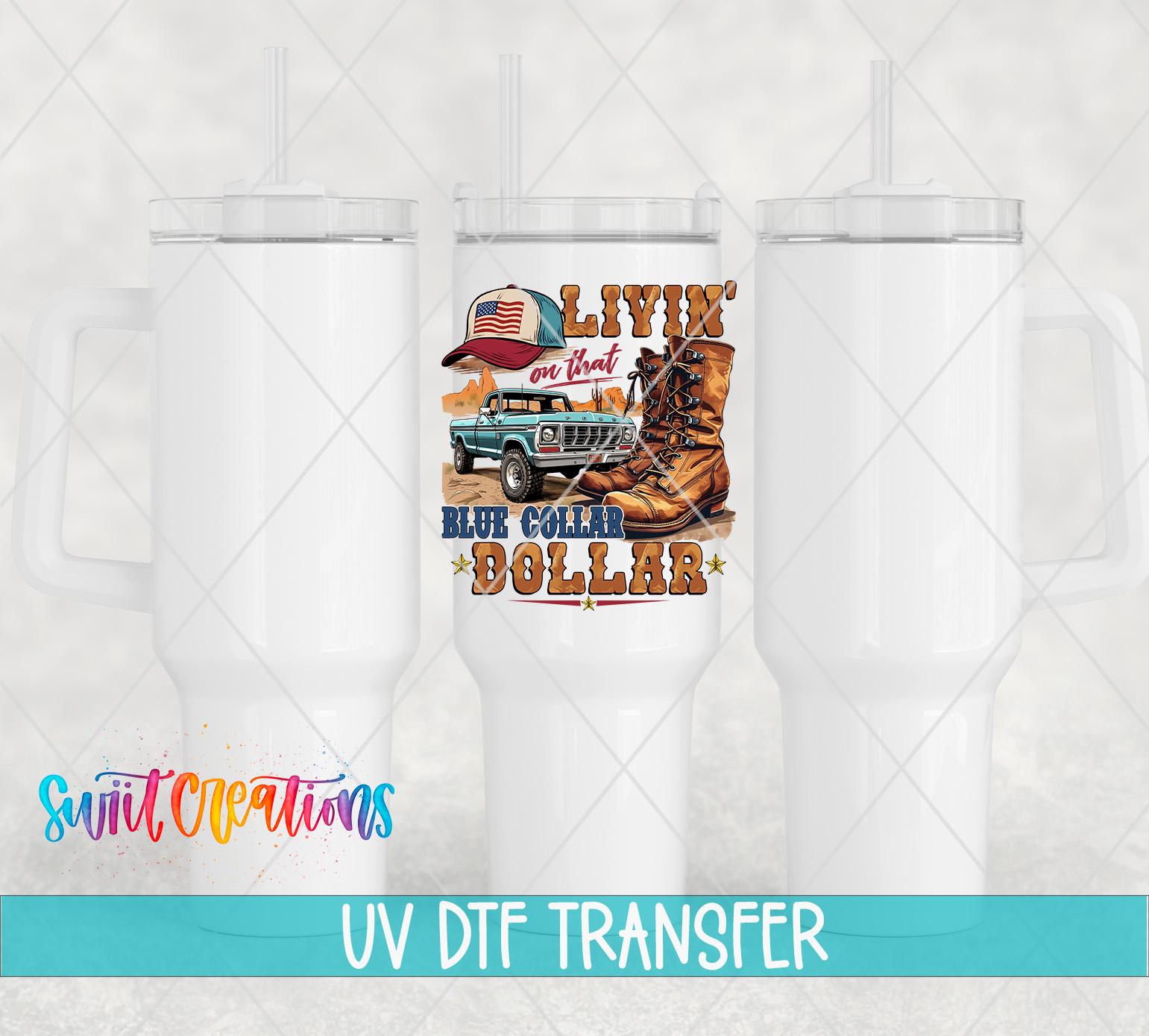 a white tumbler with a printed design on it, including a truck, cowboy boots, and the text "LIVIN' ON THAT $ALL".