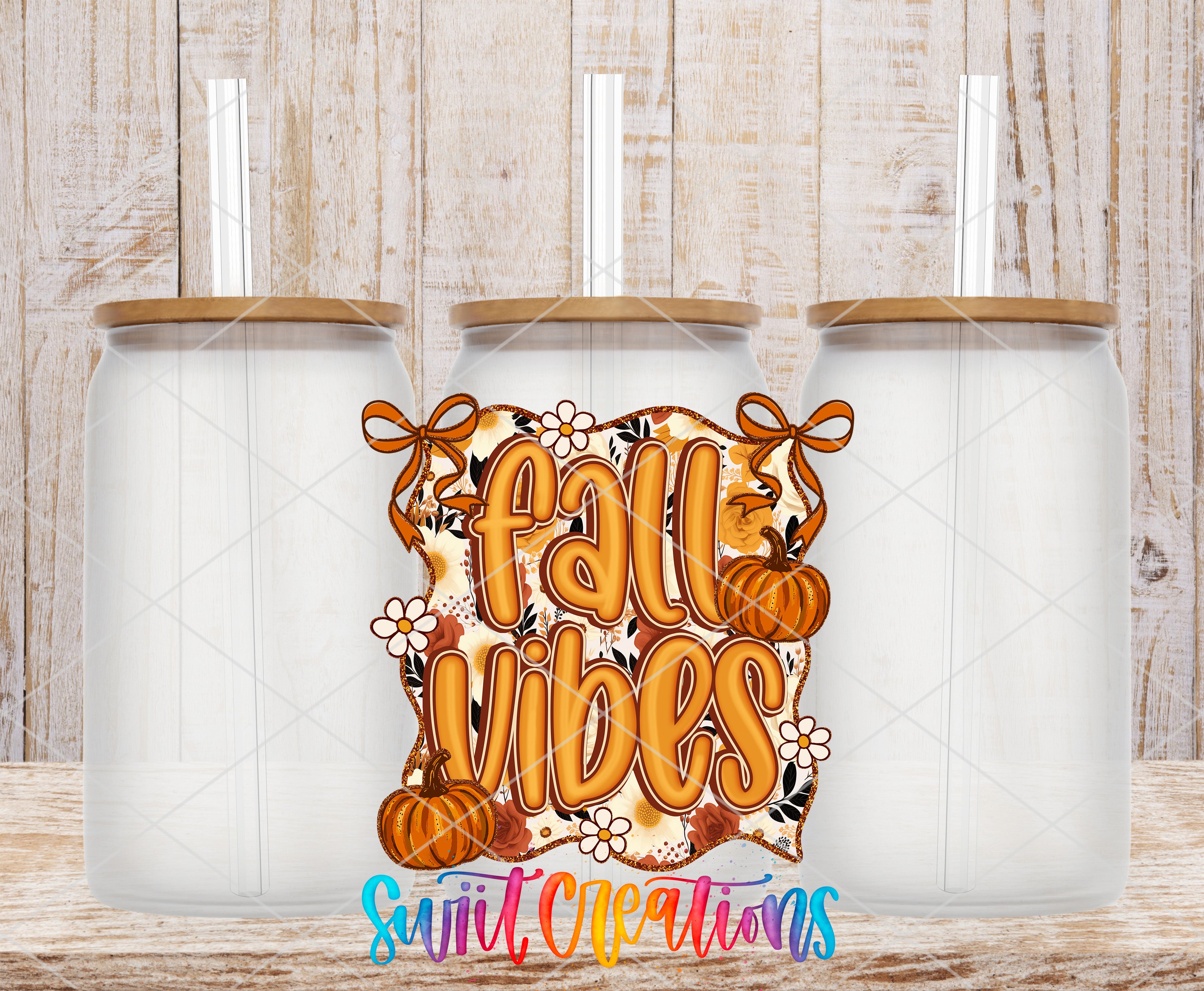 three glass jars with lids, arranged in a row against a wooden background. The jars have a white interior and a brown lid. The central focus of the image is a colorful graphic design that reads "Fall Vibes", featuring orange and brown autumn-themed elements such as pumpkins and leaves.