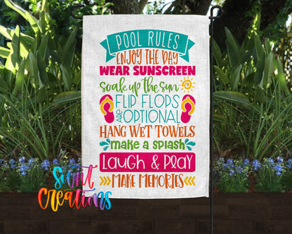 a colorful sign with text that appears to be a list of pool rules, placed in front of a garden with plants and flowers.