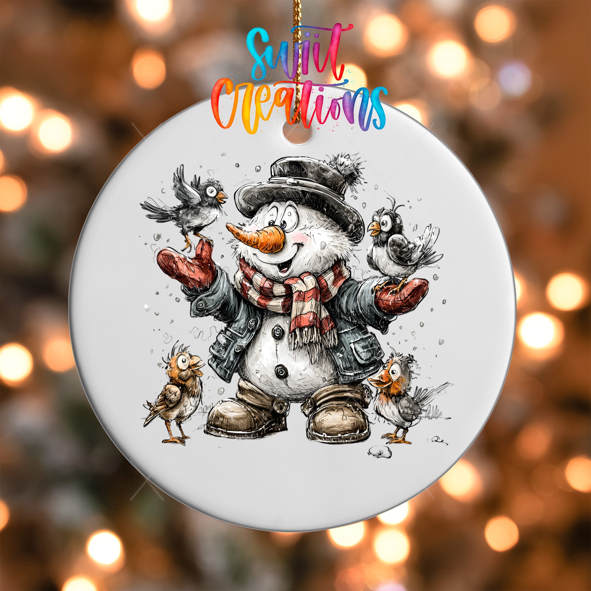 A snowman ornament with a scarf, hat, and a carrot nose, surrounded by birds, is hanging against a background of colorful lights.