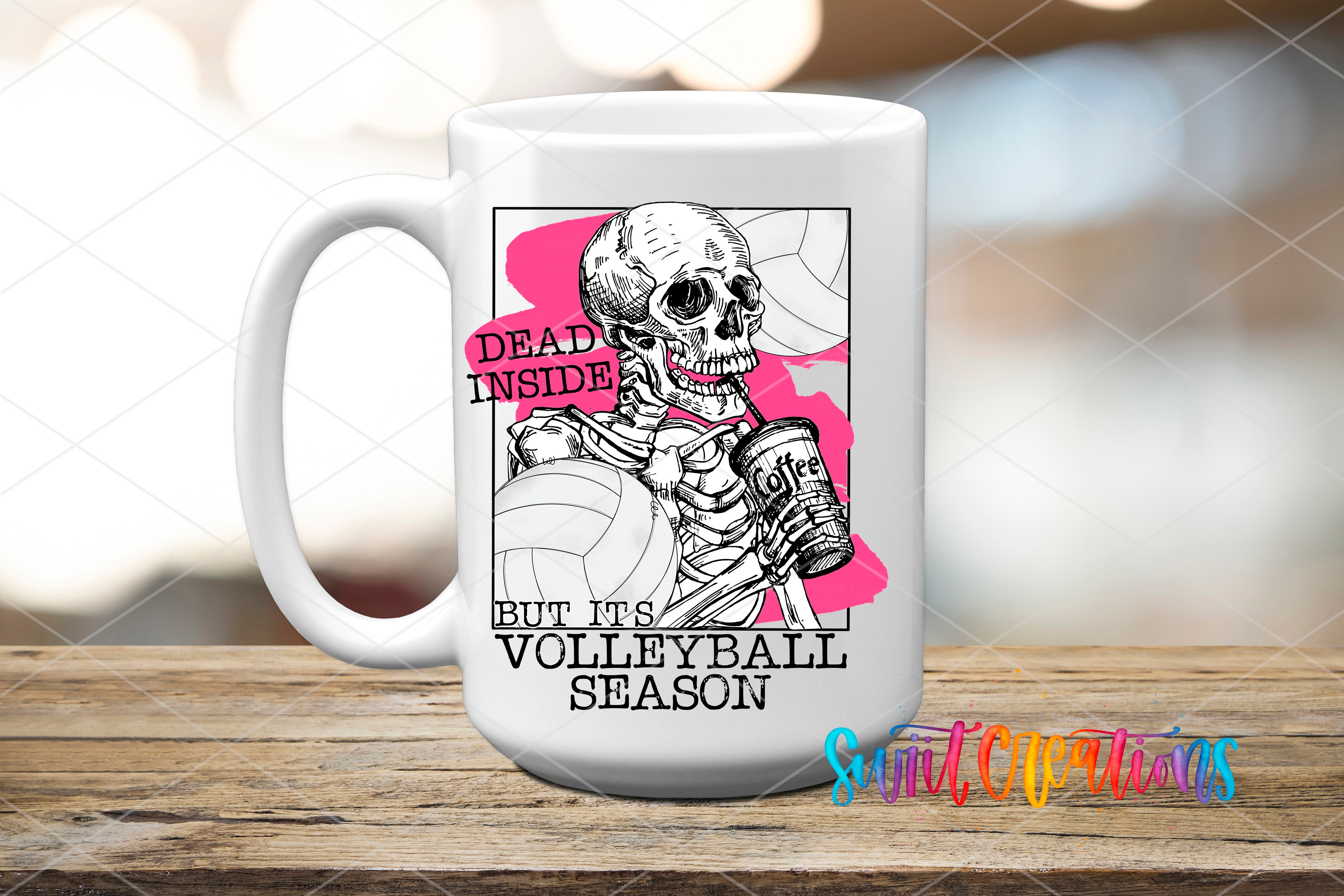 A white mug with a graphic design featuring a skeleton holding a volleyball and the text "Dead inside but its volleyball season" printed on it.