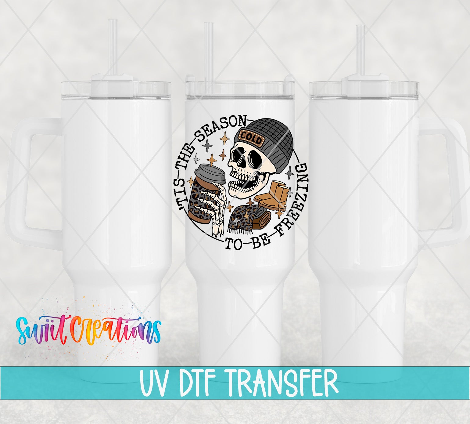 a white ceramic mug with a skull design and text, along with a UV DFT (Digital Transferase) transfer label indicating that it is a transfer of a design from one object to another.