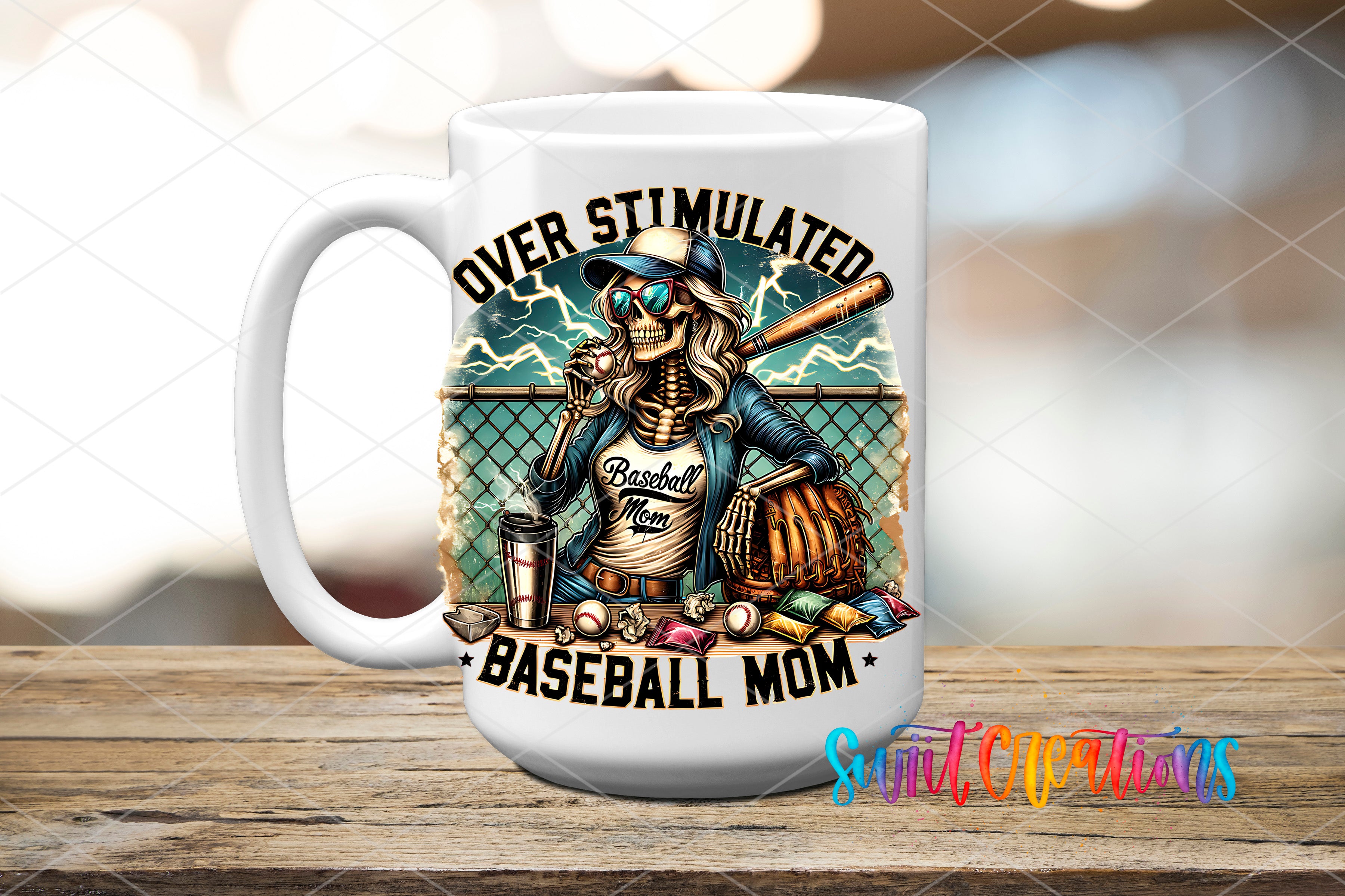 A white ceramic mug with a colorful illustration of a skeleton wearing a baseball uniform and holding a baseball bat, along with the text "Over Stimulated Baseball Mom" and "Baseball Mom" printed on it.