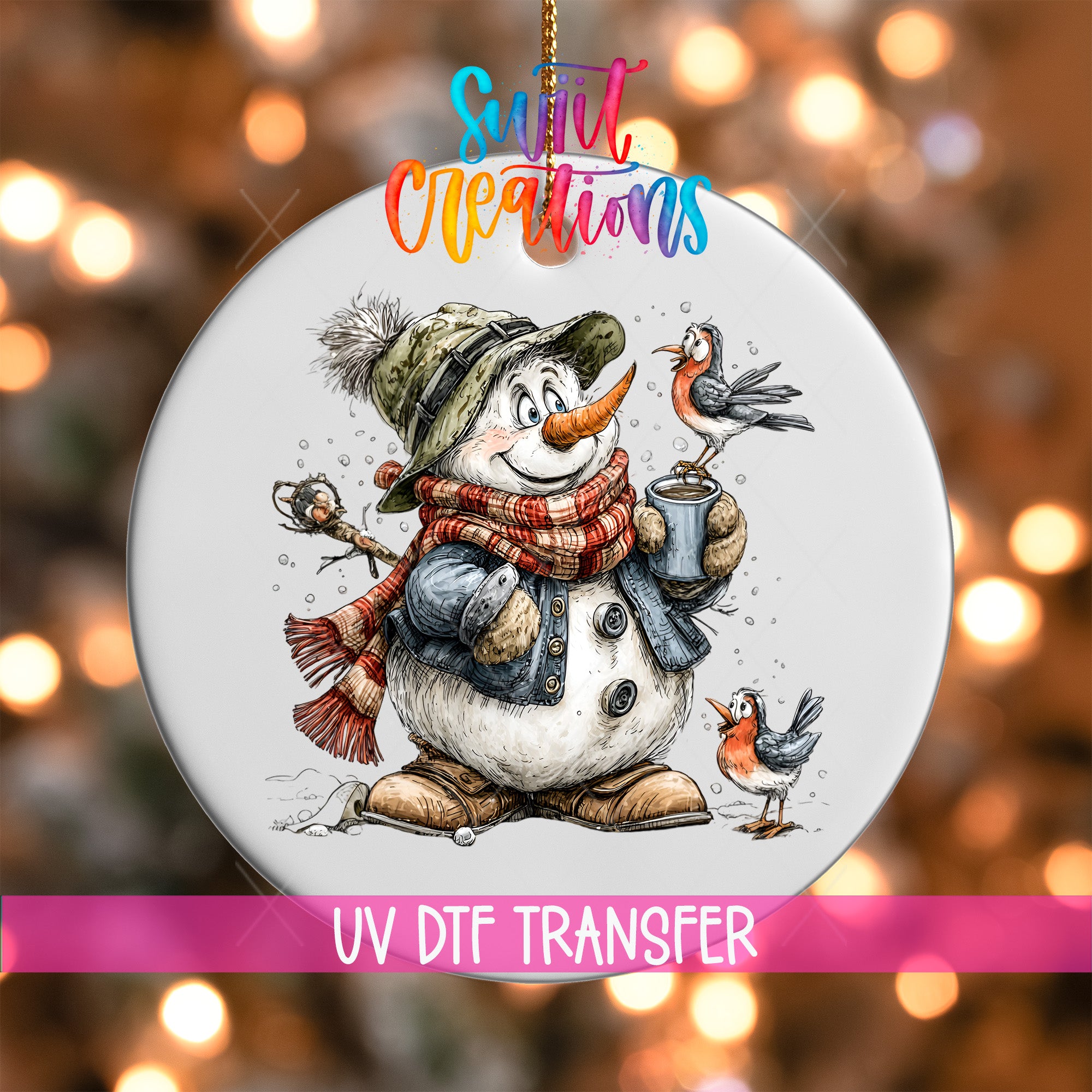 A snowman ornament with a bird perched on its shoulder, wearing a scarf and hat, and holding a cup, set against a background of colorful lights.