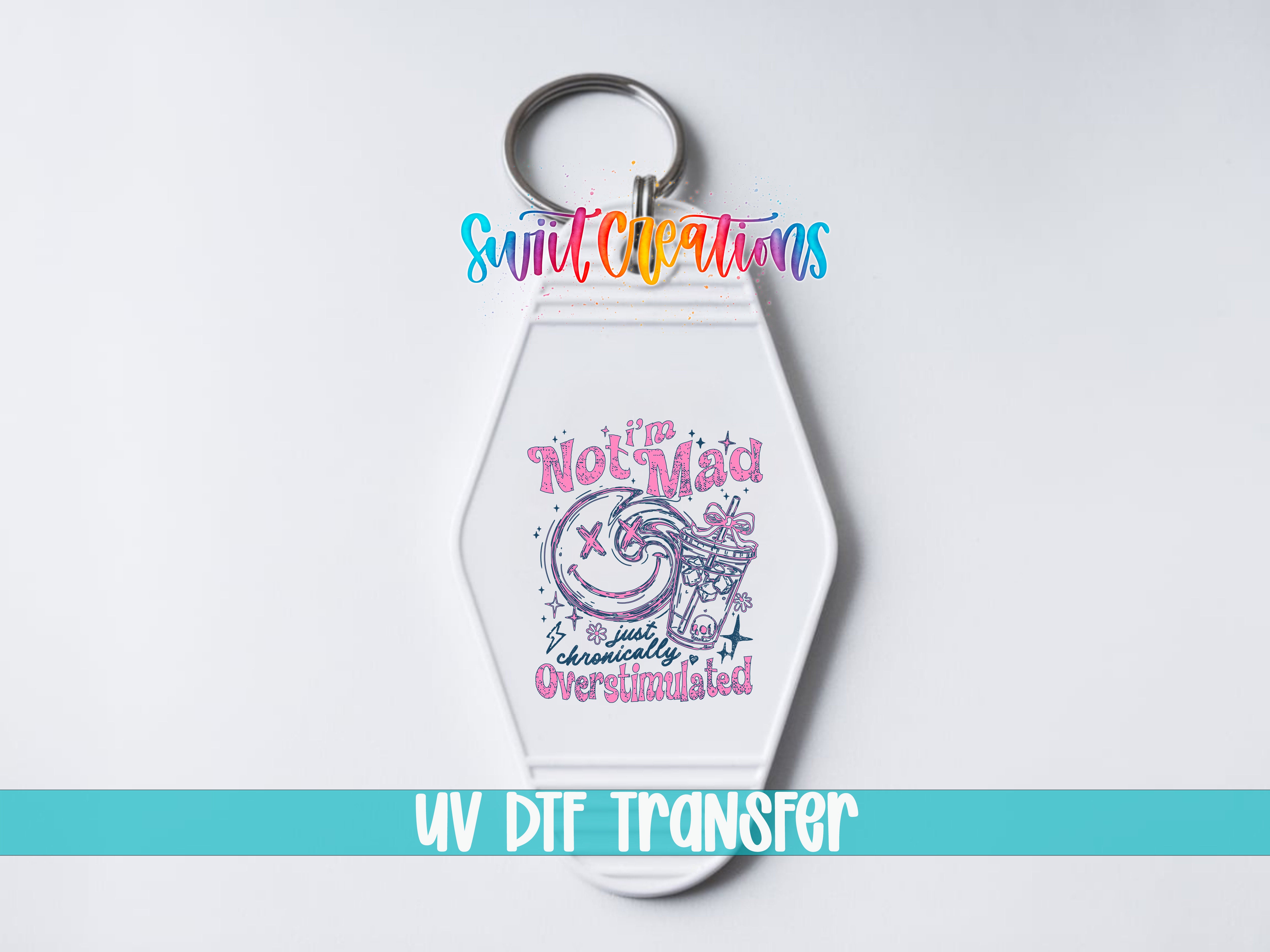 A keychain with a colorful design and text printed on it.