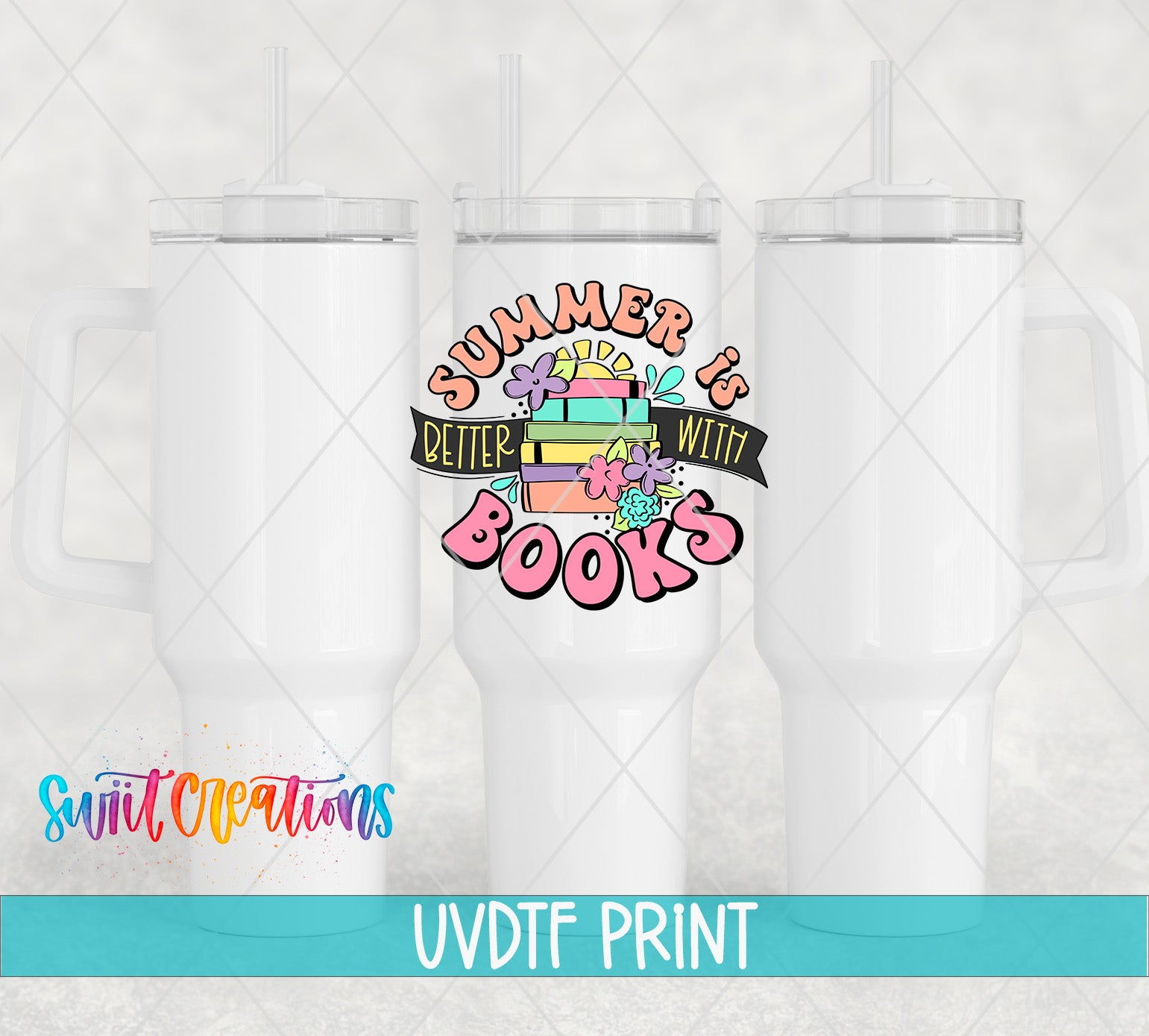 three white tumblers with a colorful and playful design on them.
