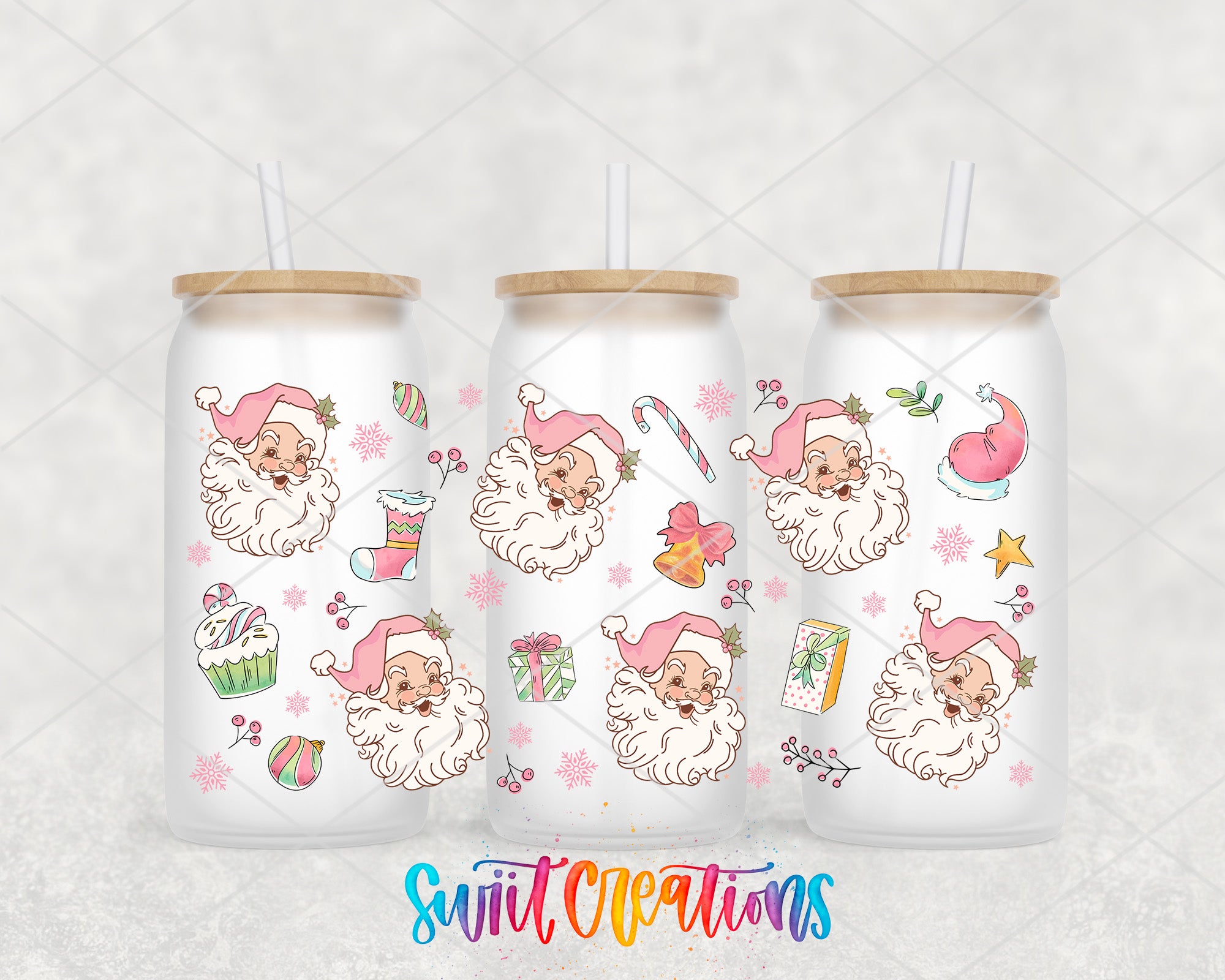 A collage of three glass tumblers with Santa Claus and Christmas-themed illustrations on them, along with straws.