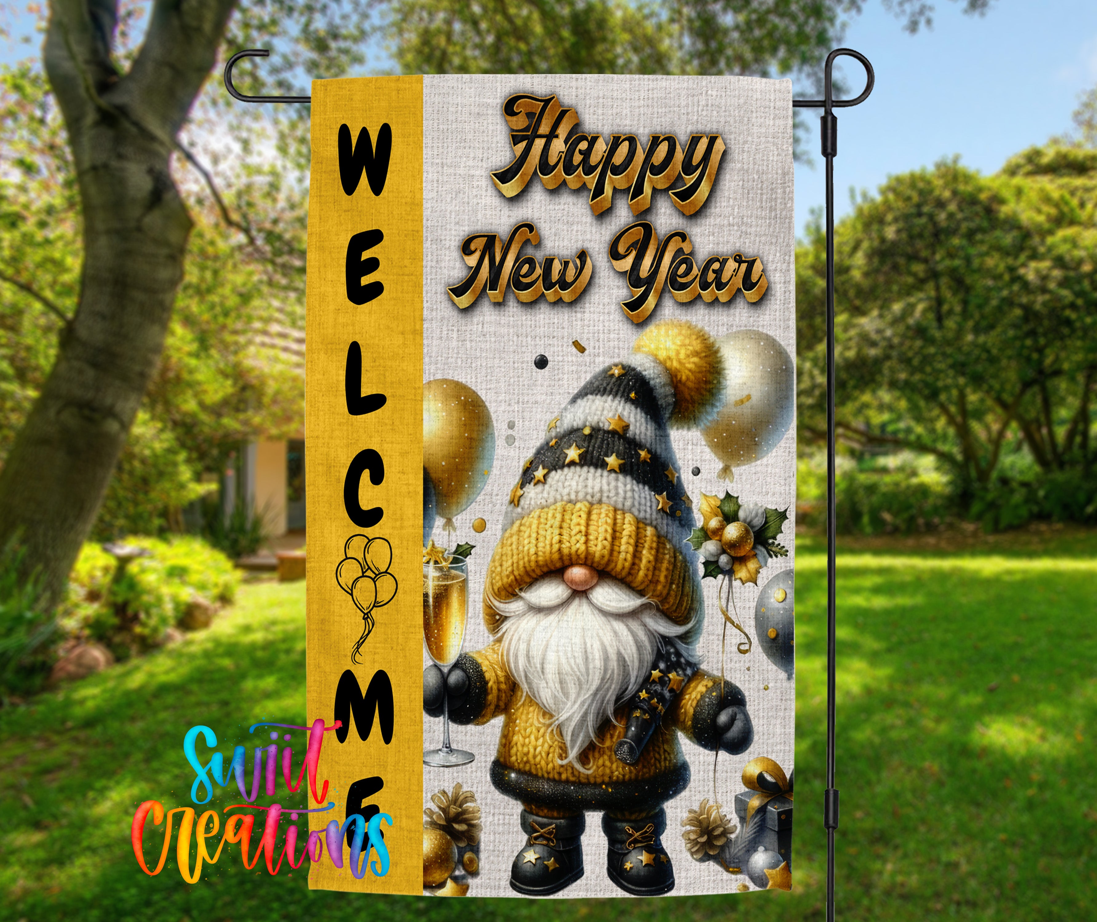 A welcome banner featuring a gnome character surrounded by festive elements such as balloons and gold ornaments, with the text "Happy New Year" displayed prominently.