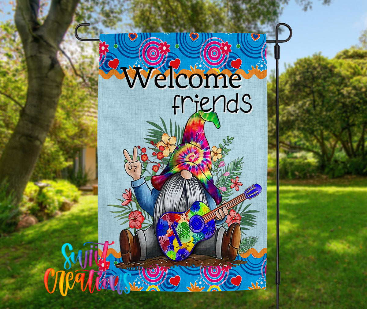 A colorful garden gnome holding a guitar and surrounded by flowers and other garden elements, with the text "Welcome friends" displayed on the gnome.