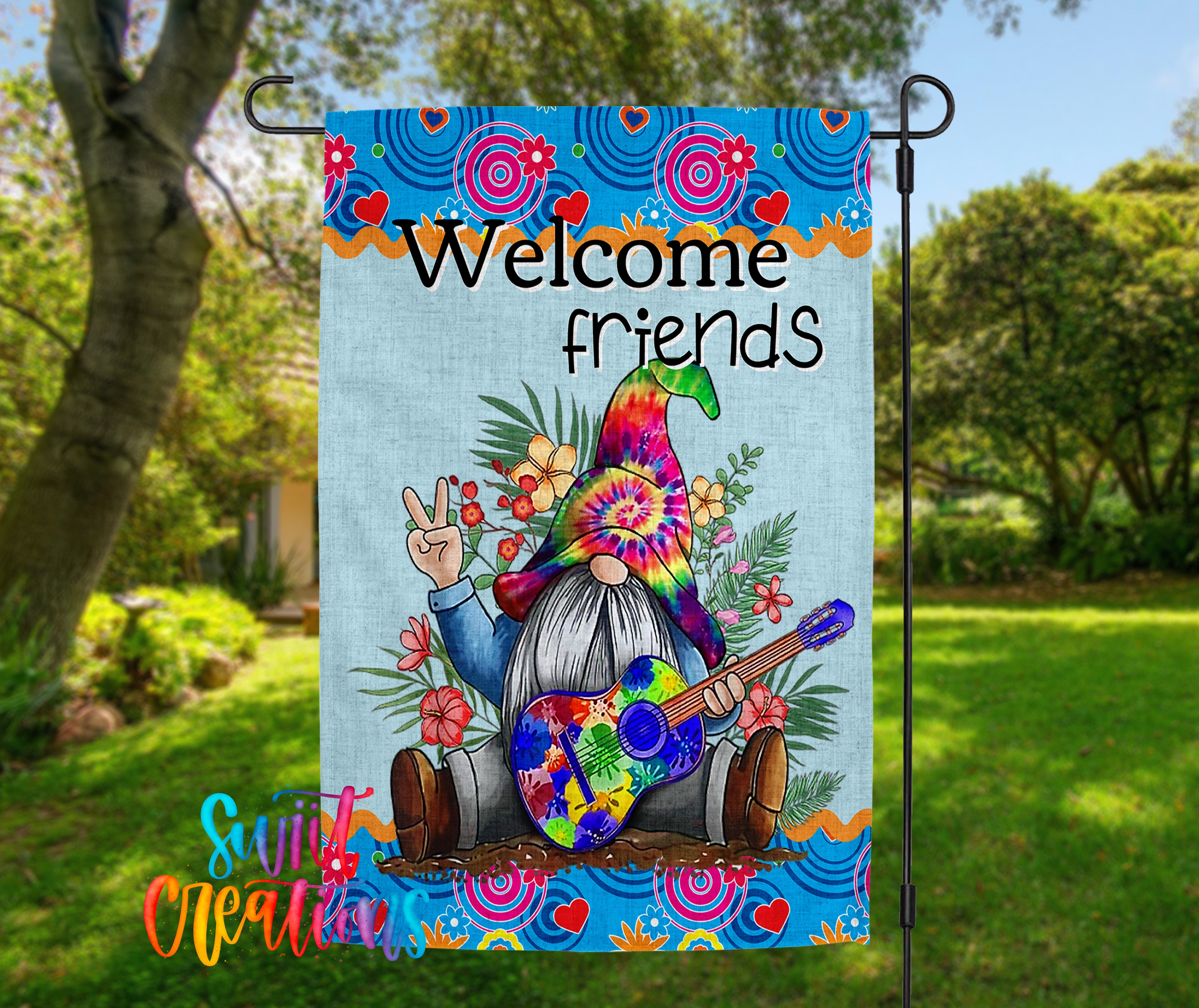 A colorful garden gnome holding a guitar and surrounded by flowers and other garden elements, with the text "Welcome friends" displayed on the gnome.