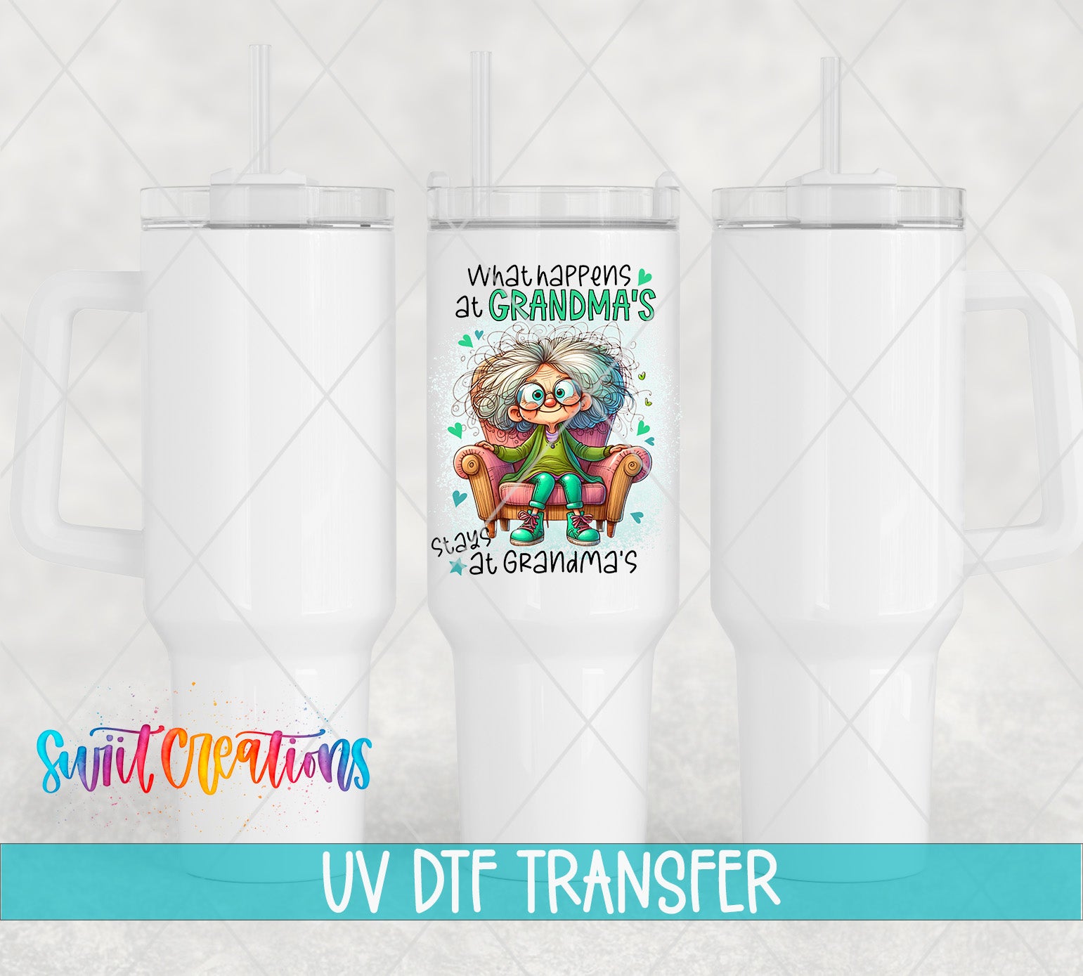 a white ceramic mug with a colorful illustration of a cartoon character, along with text that says "What happens at Grandma's stay at Grandma's".