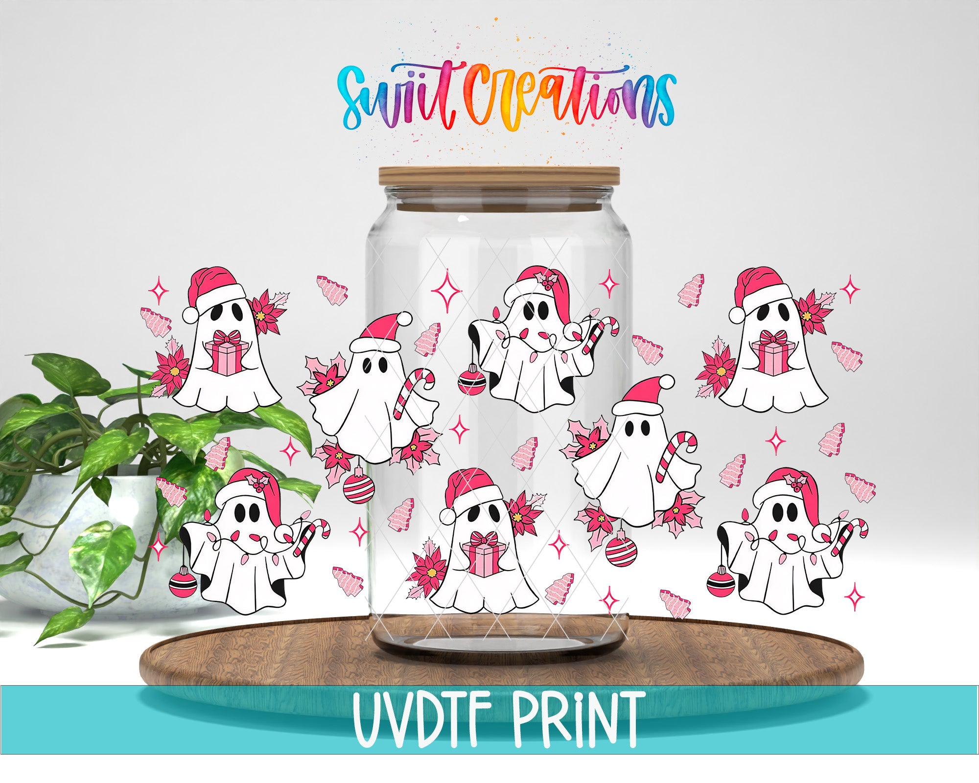 a glass jar with a lid, decorated with various cartoon-style ghost characters wearing Santa hats and holding presents. The jar is placed on a wooden surface, and there is a potted plant in the background. The text "Swift Creations" is written above the jar, and "UVDF PRINT" is written at the bottom of the image.