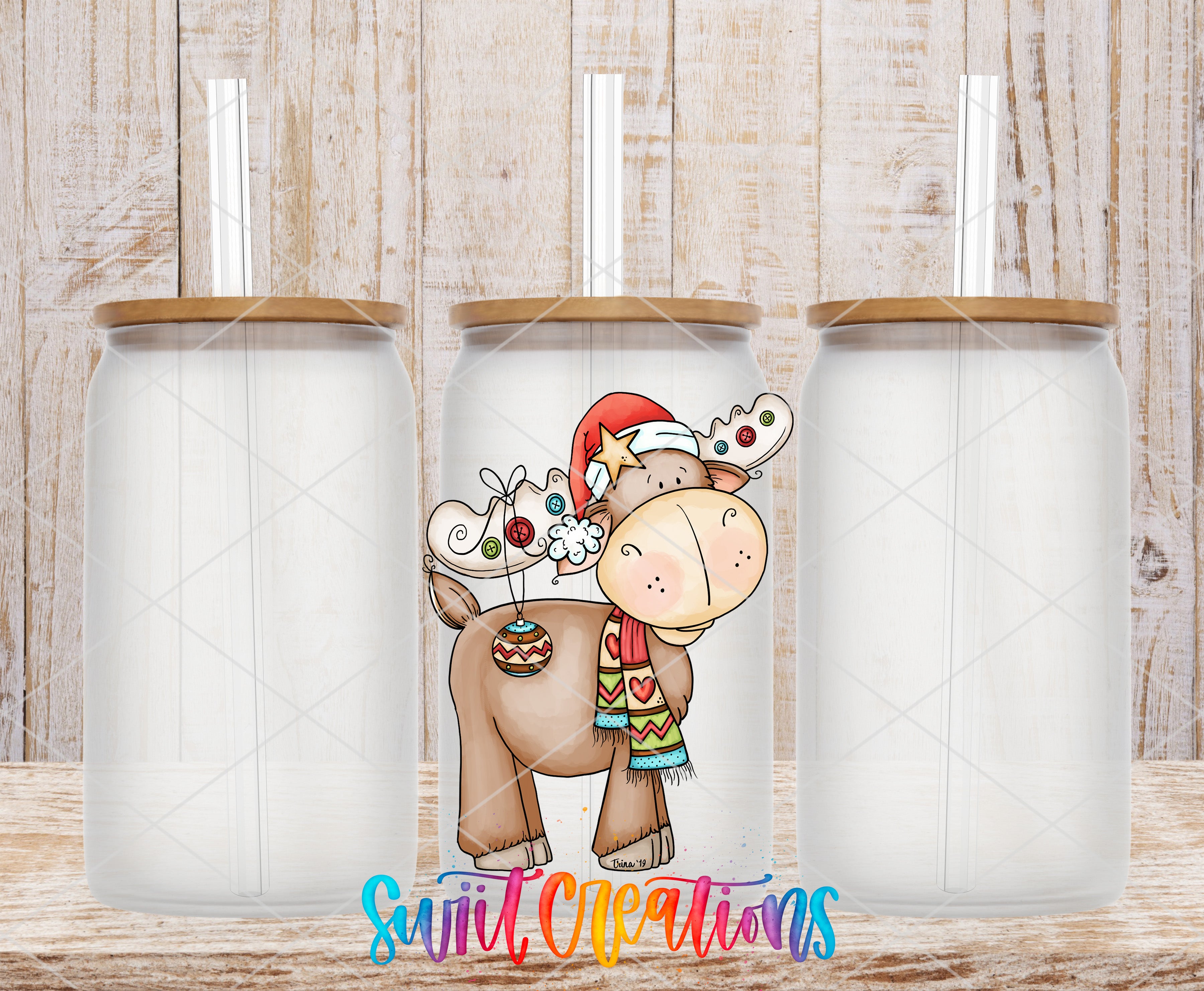 A cartoon image of a reindeer wearing a Santa hat and scarf, with a colorful background, is displayed in front of three empty glass jars with straws.