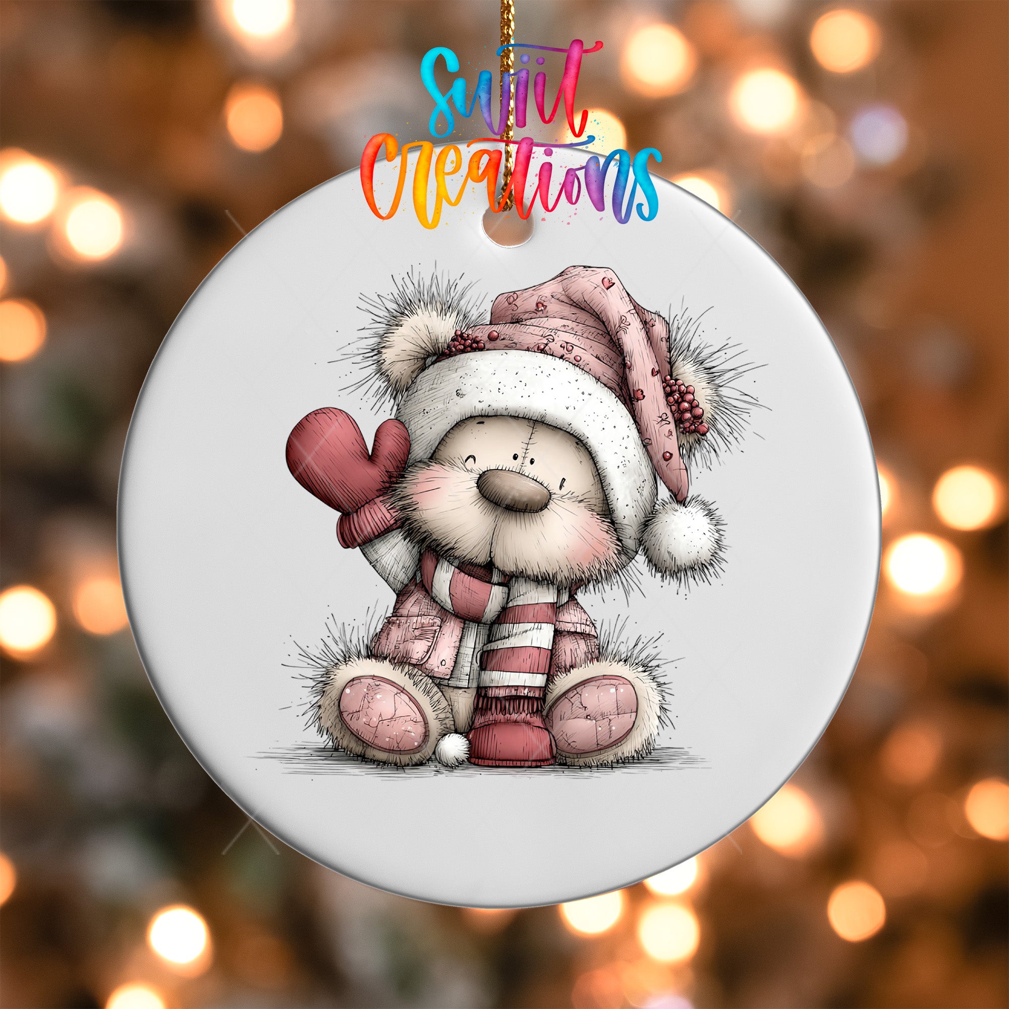 A white ornament featuring a cute teddy bear wearing a Santa hat and scarf, with a red mitten, against a blurred background of lights.