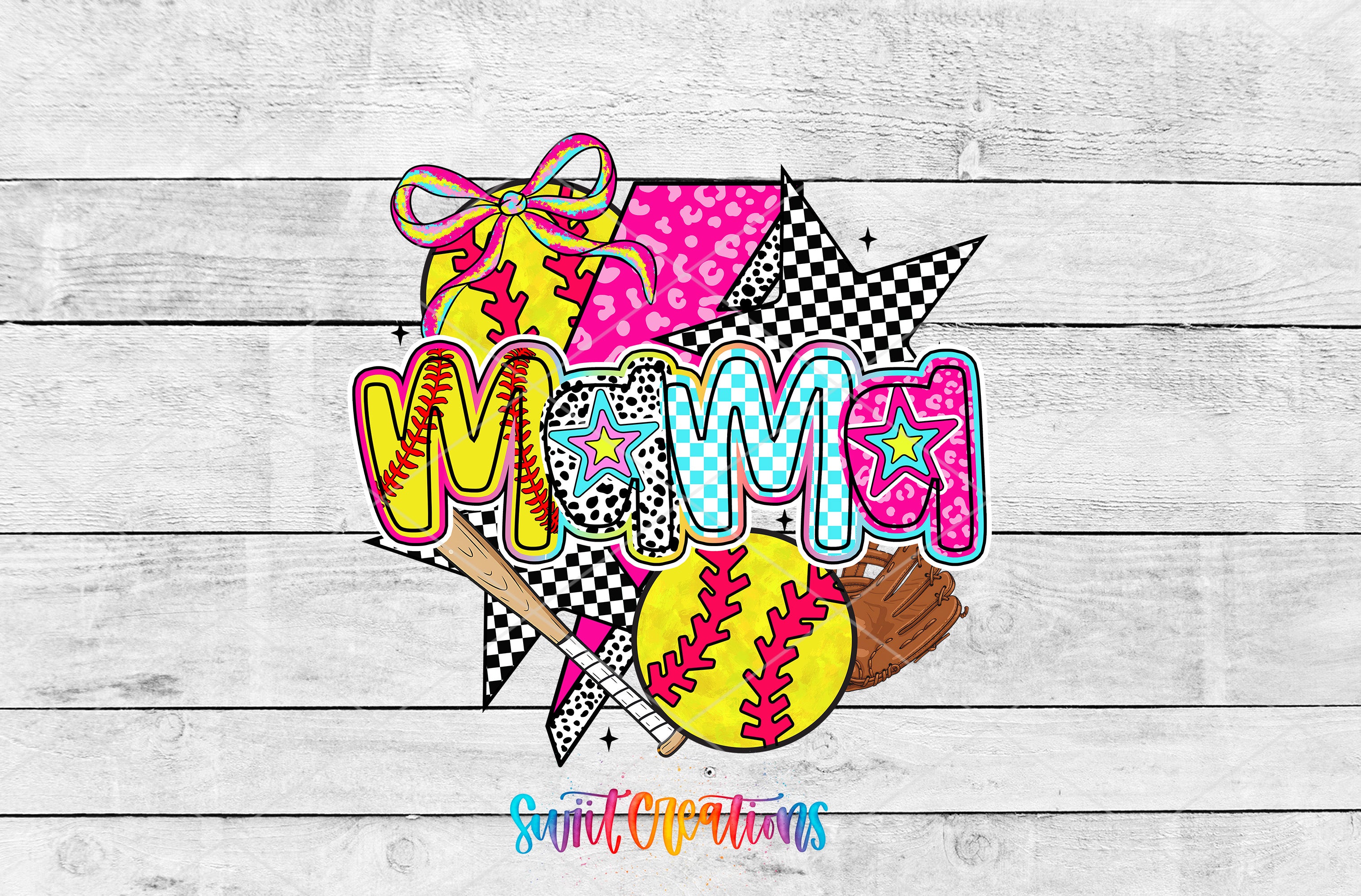A colorful and vibrant collage featuring various sports-related elements, including a baseball bat, a baseball, a glove, and the word "Mama" prominently displayed.