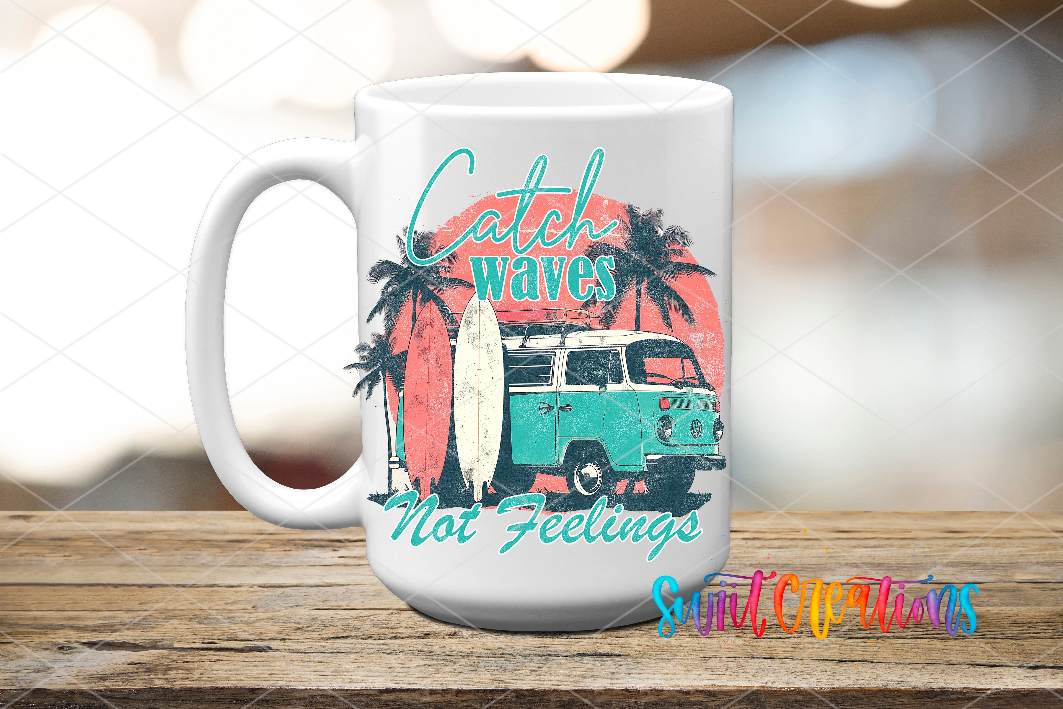 A white mug with a graphic design featuring a surfboard, palm trees, and a vintage van, along with the text "Catch waves not feelings".