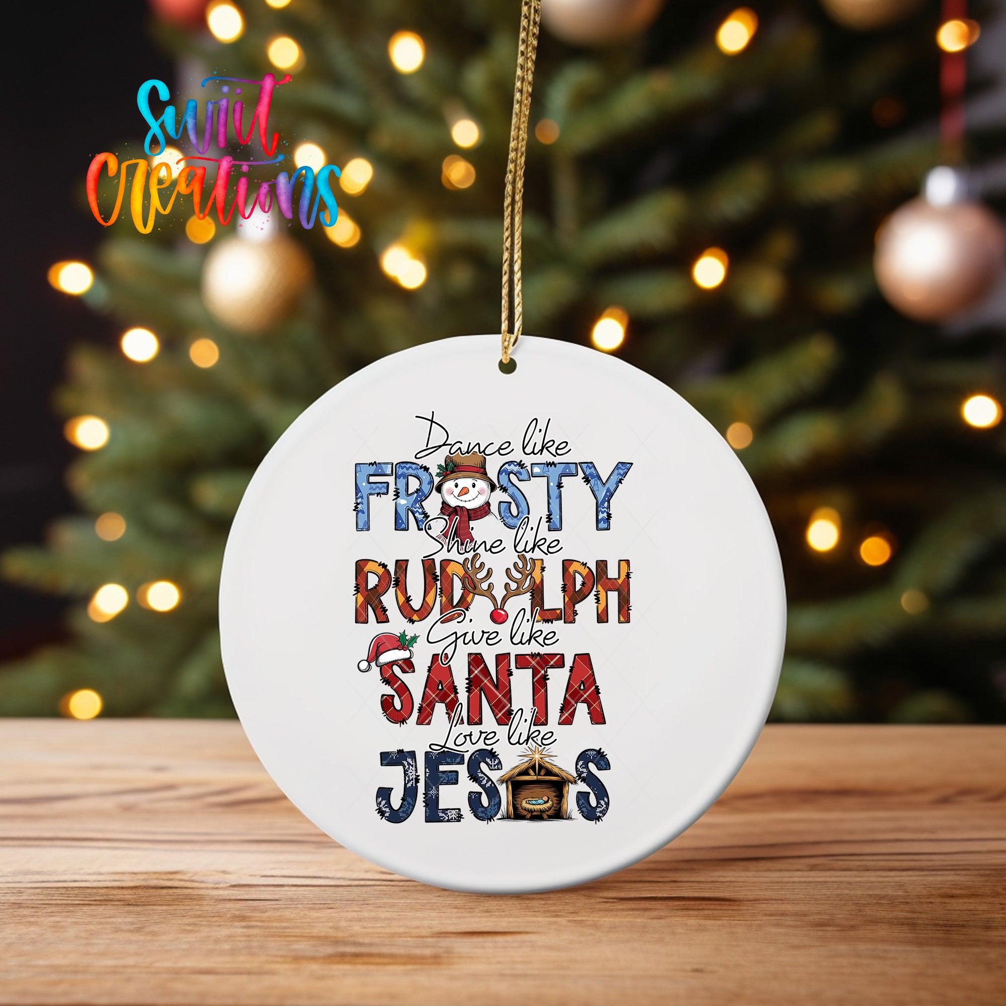 A white ceramic ornament with a Christmas tree in the background.