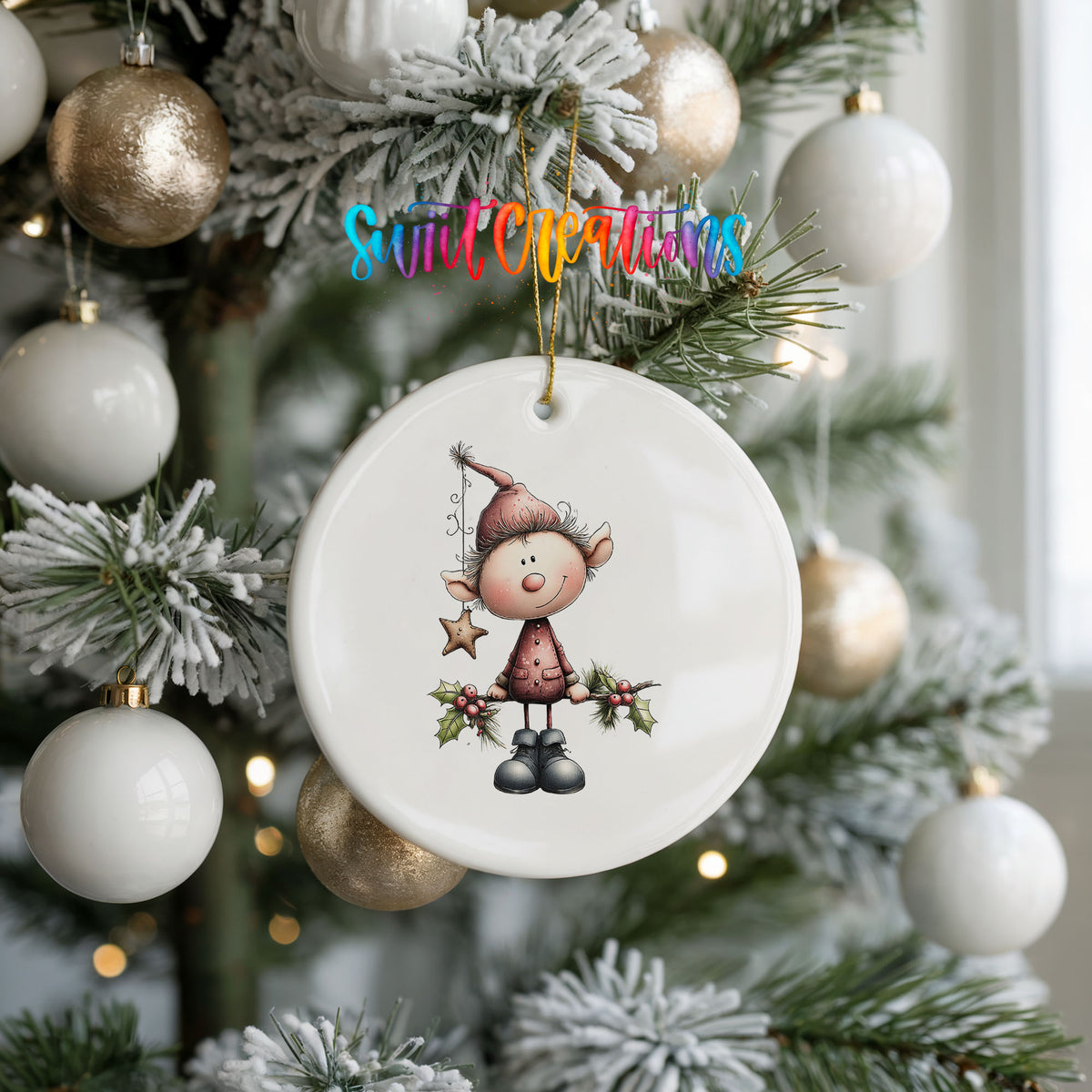 A white ceramic ornament with a cartoon elf design hangs from a Christmas tree, surrounded by white and gold ornaments.