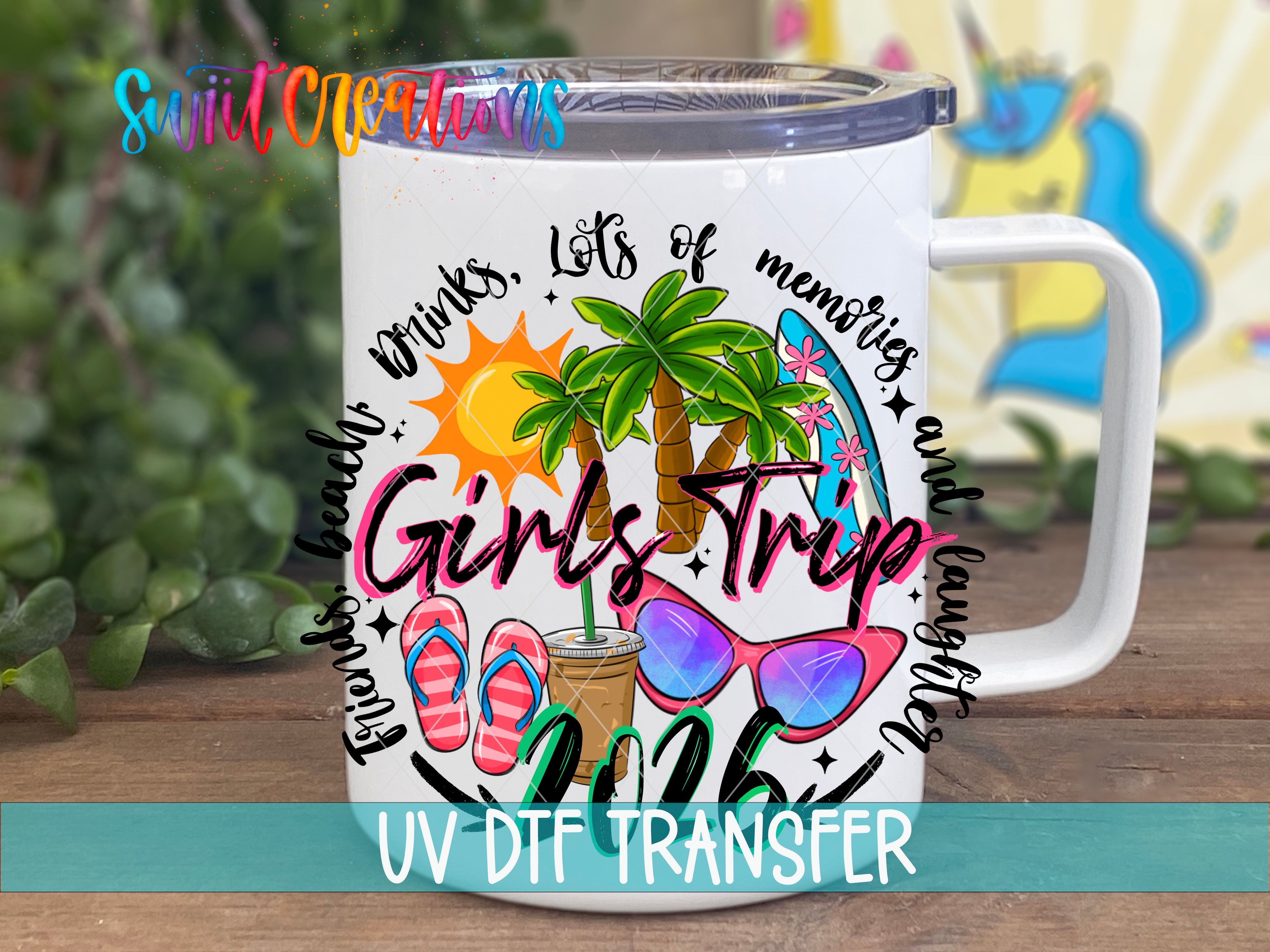 A white mug with a colorful design featuring a palm tree, sunglasses, and other summer-themed elements.