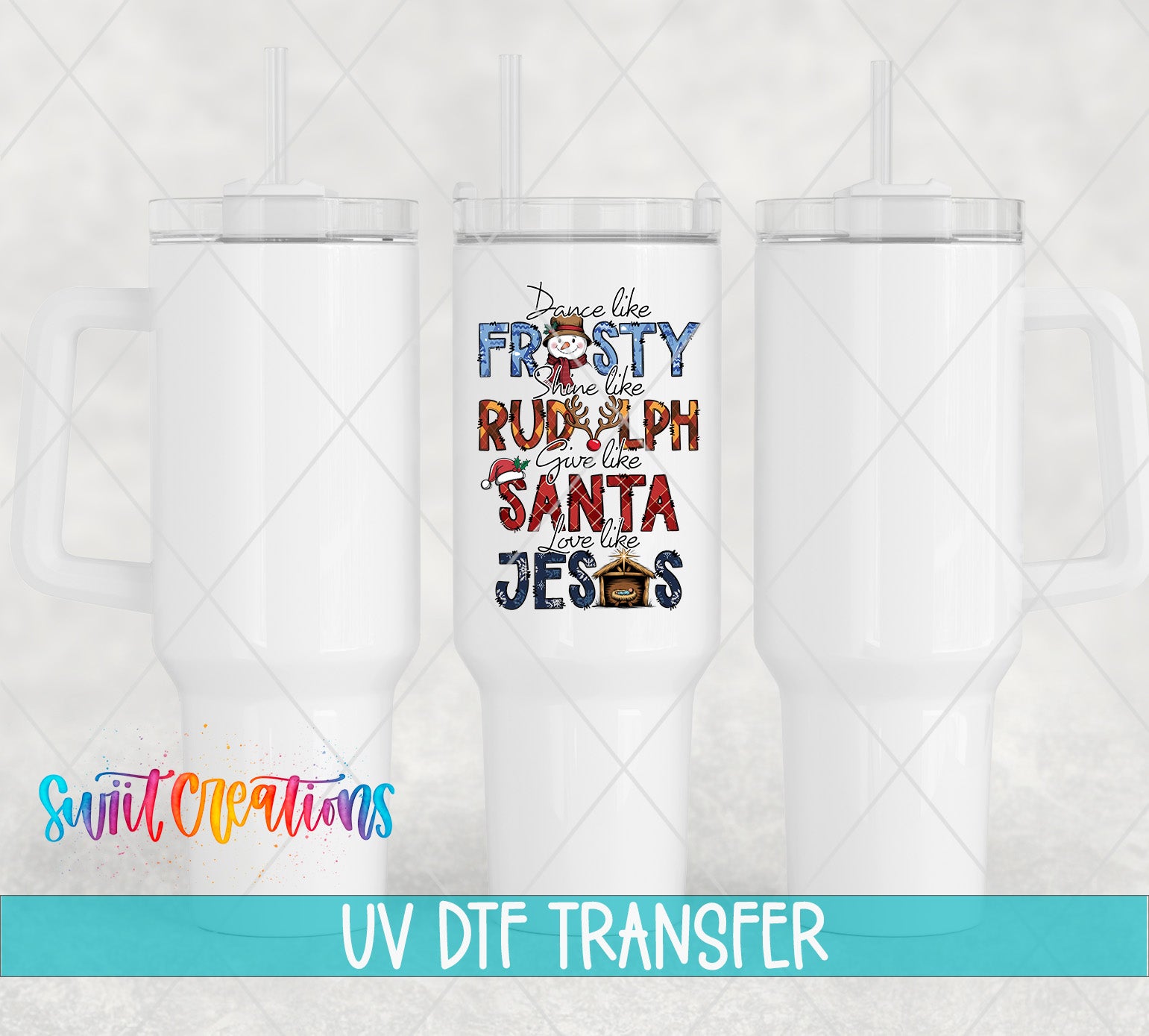 three white tumblers with a colorful design on them, including text and illustrations related to Christmas and Santa Claus.