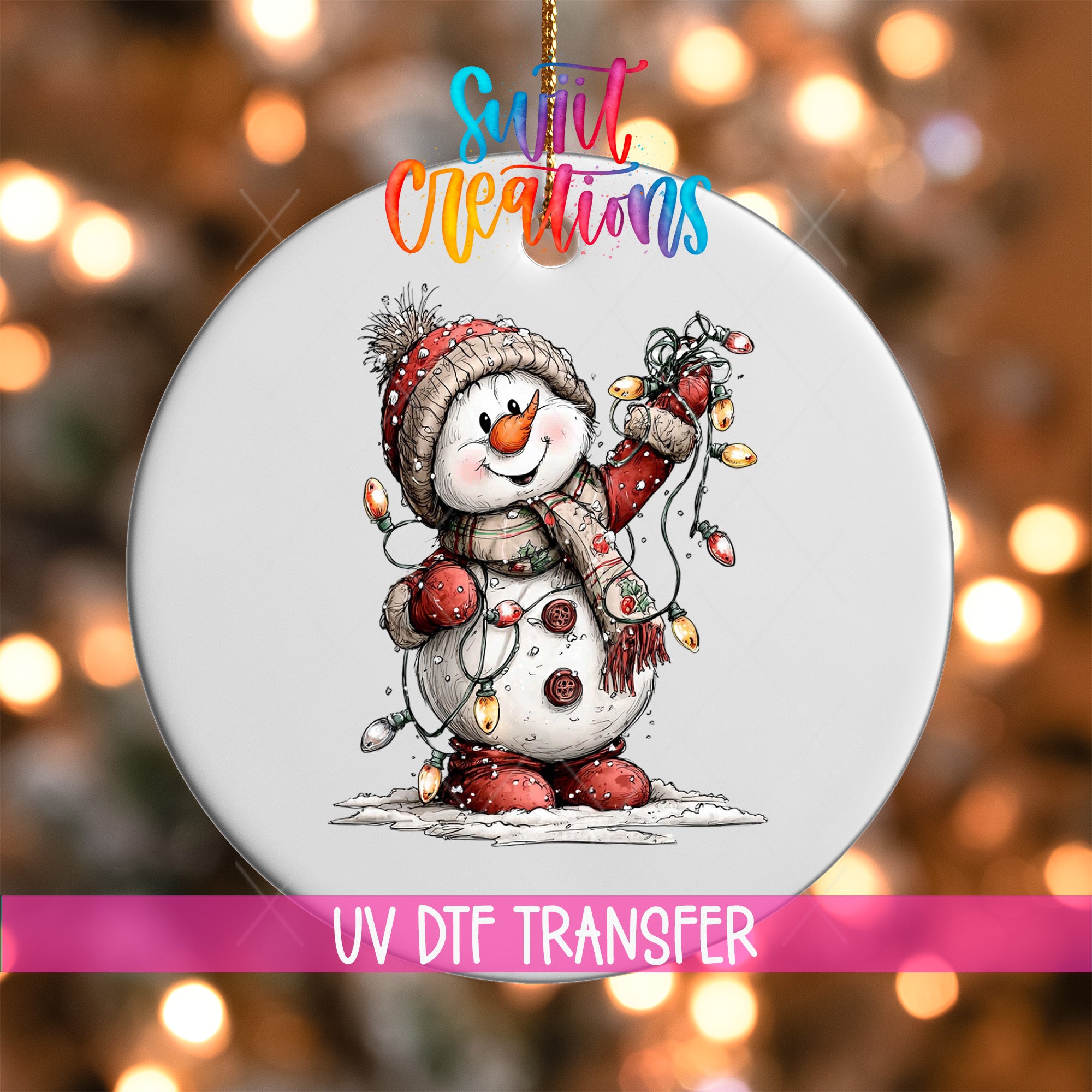 A snowman ornament with a Christmas tree in the background, featuring a colorful and whimsical design.