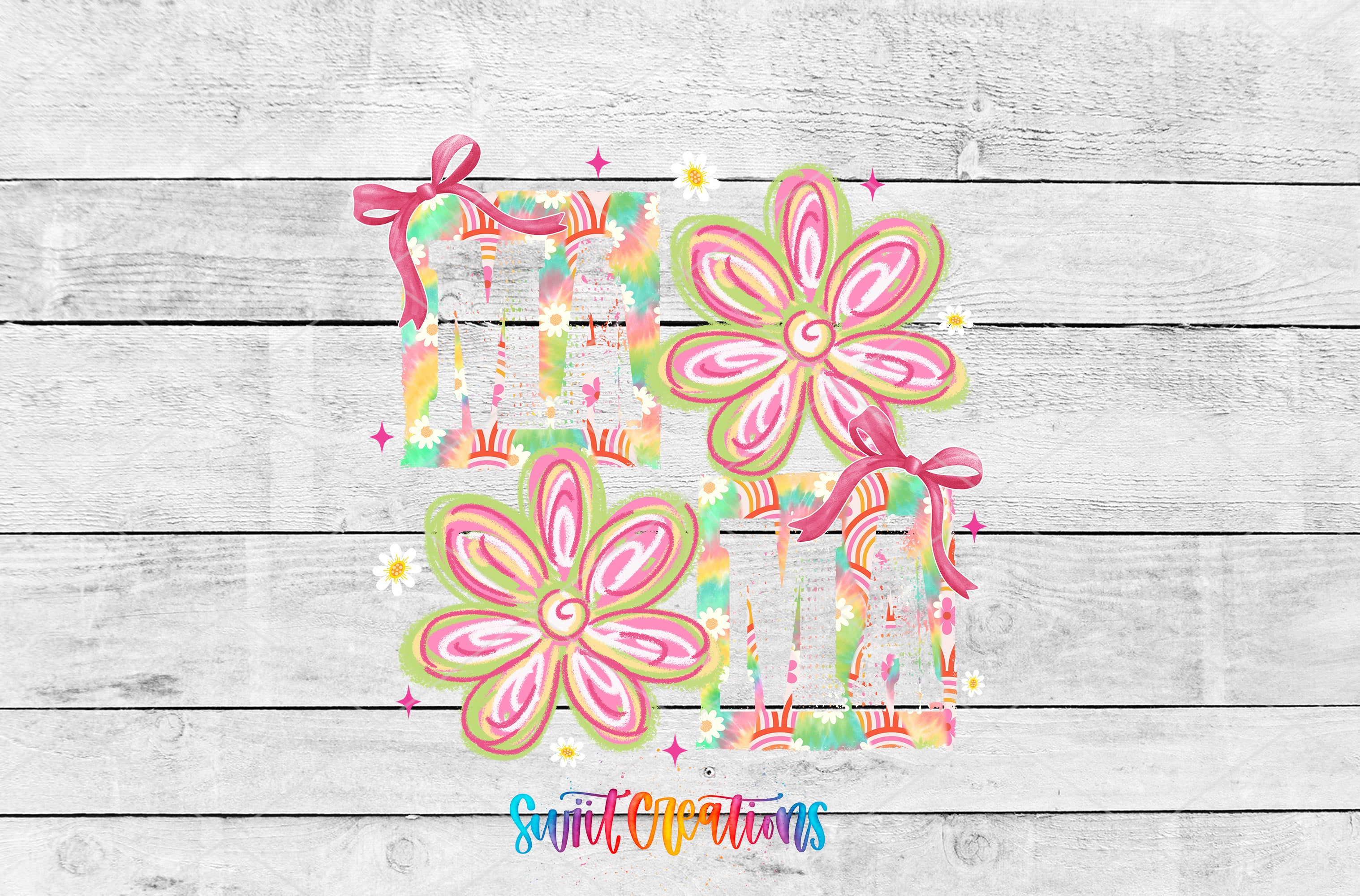 A colorful and whimsical arrangement of flower-like shapes in shades of pink, green, and yellow, with bows and stars scattered around them, set against a white wooden background.