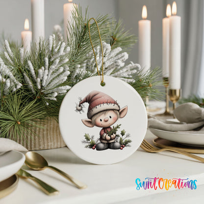 A white ornament featuring a cartoon elf wearing a Santa hat and holding a Christmas tree is displayed on a table with candles and greenery in the background.