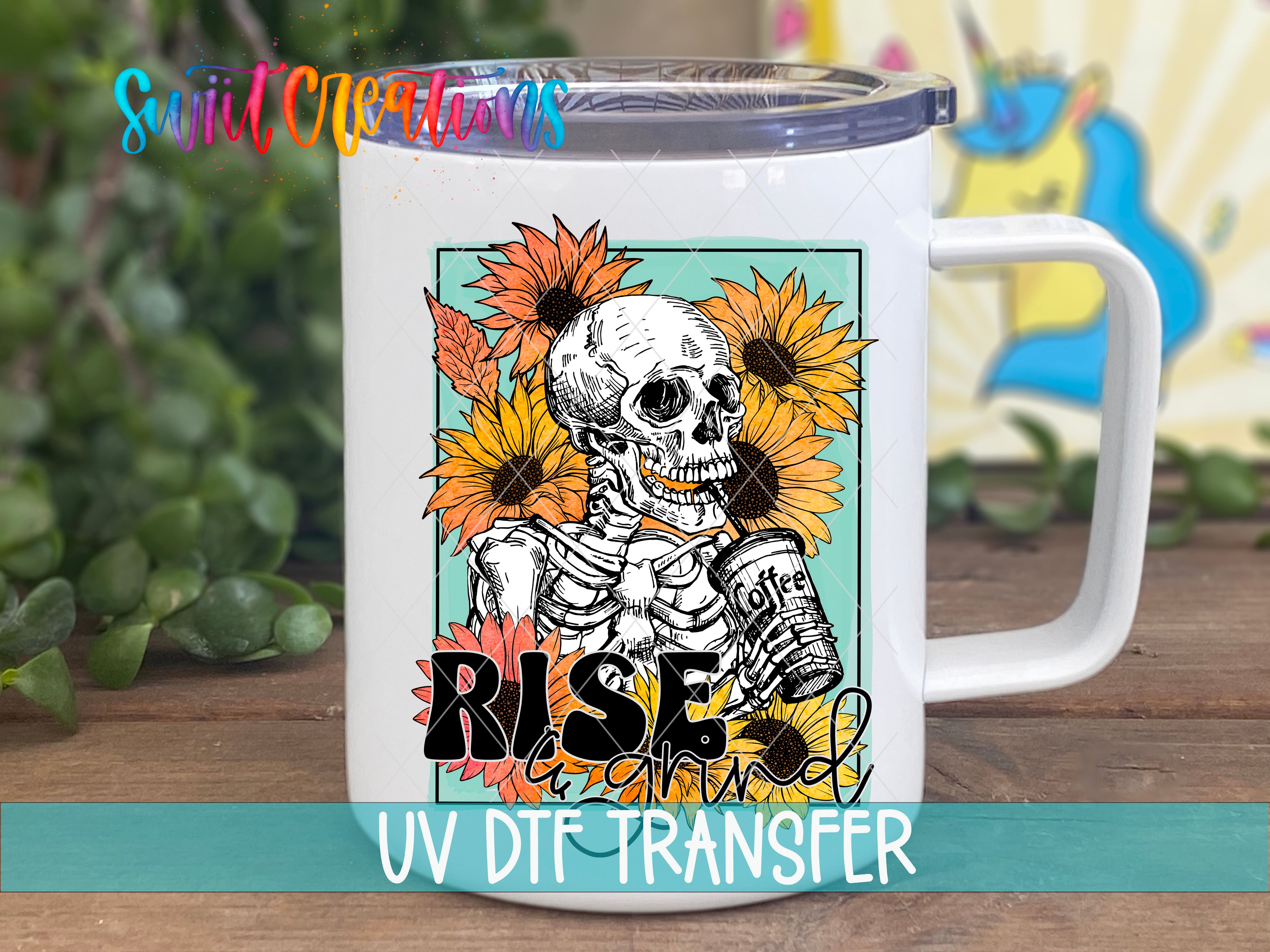A white mug with a colorful graphic design featuring a skeleton holding a coffee cup, surrounded by sunflowers.