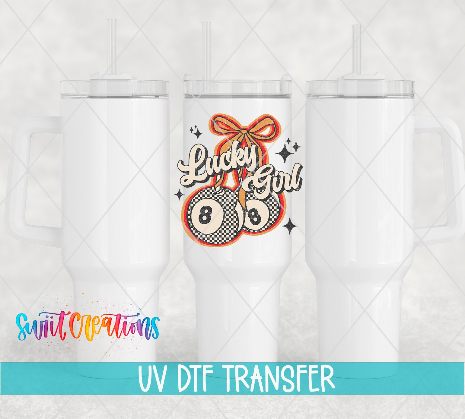 three white tumblers with a colorful and playful design, including a pool table motif and the text "Lucky Girl 8".