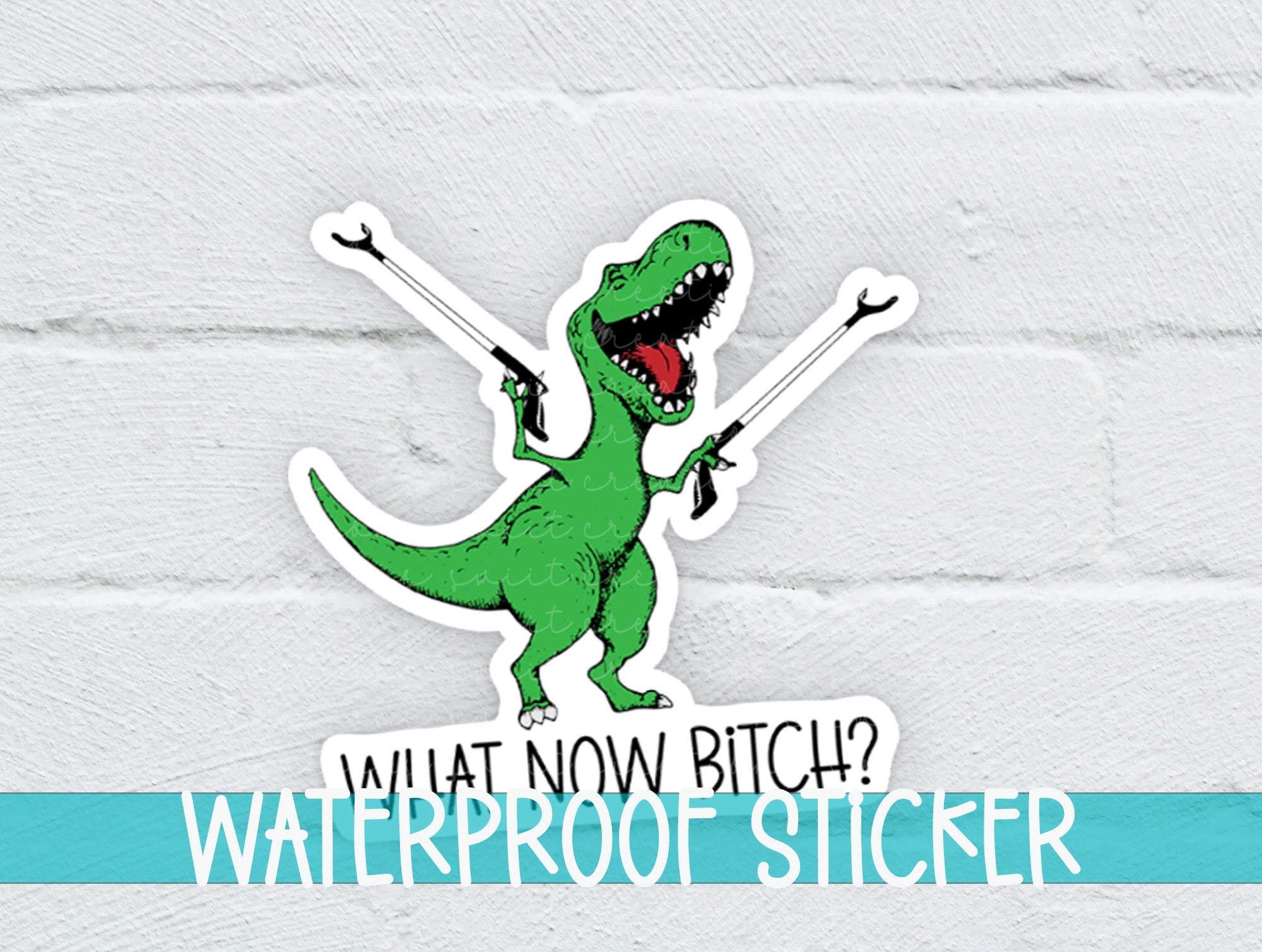 a sticker of a dinosaur with two swords
