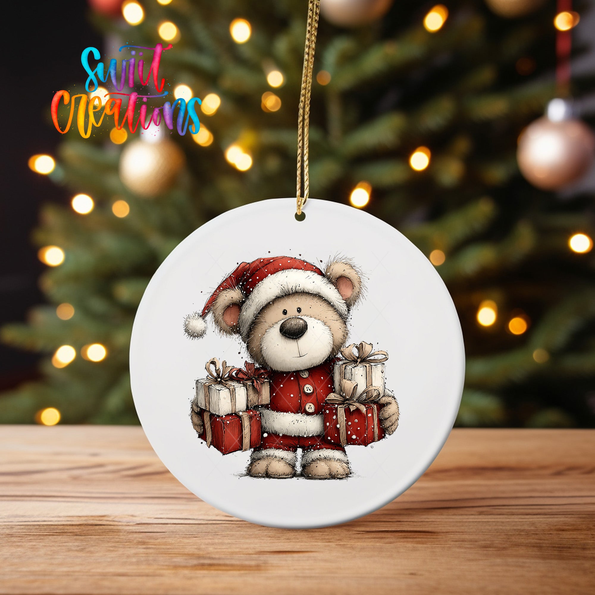 A white ceramic ornament featuring a teddy bear wearing a Santa hat and holding presents, with a Christmas tree in the background.