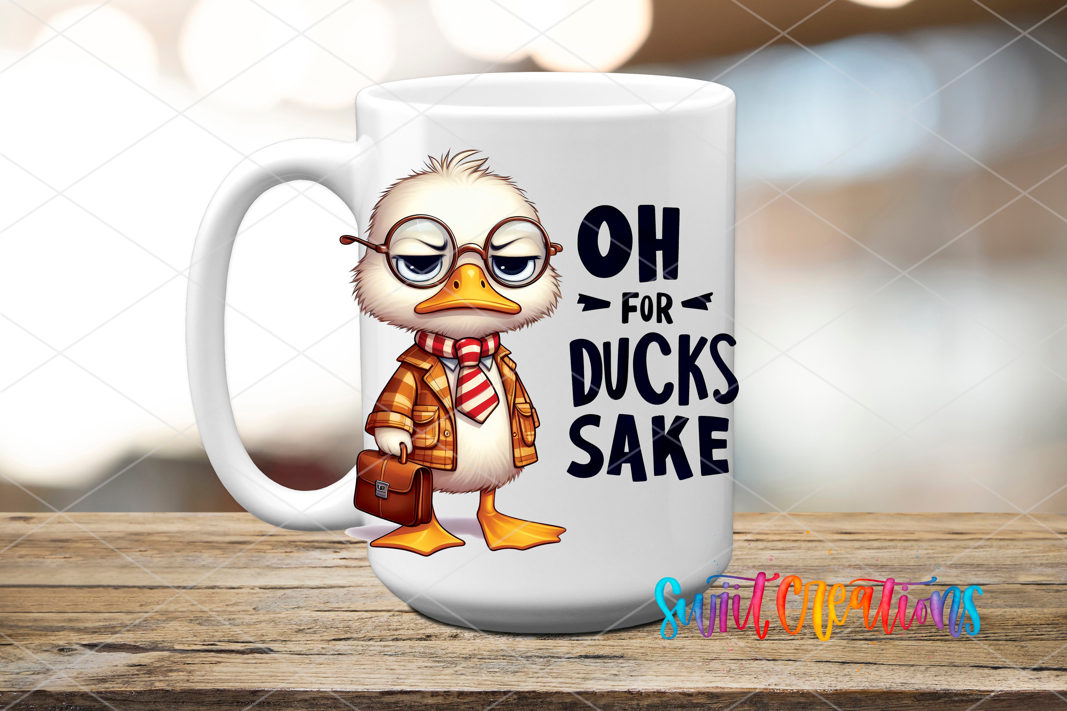 A white mug with a cartoon duck wearing glasses and a striped tie, along with the text "OH FOR DUCKS SAKE" printed on it.