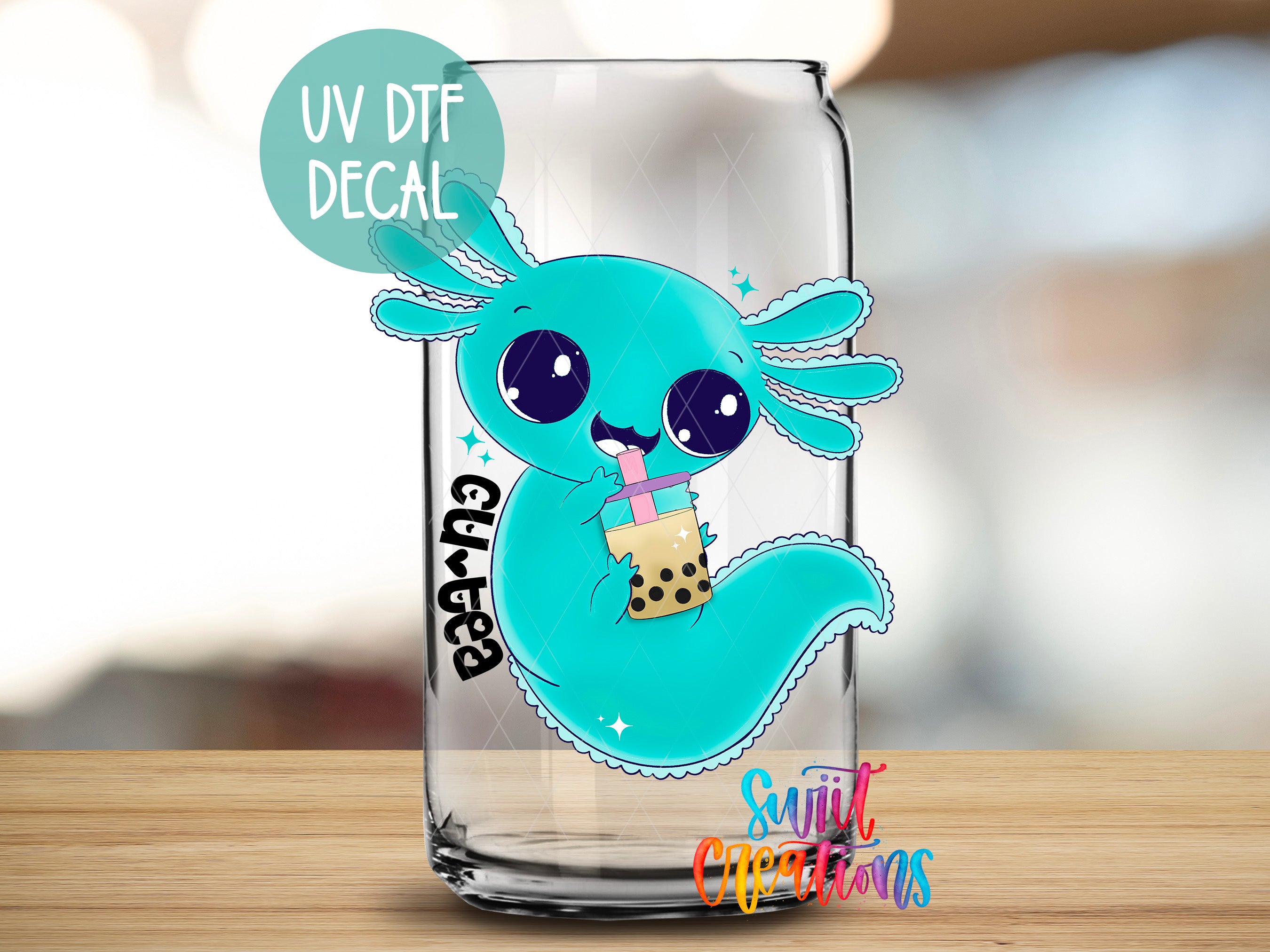 a glass with a cartoon character on it
