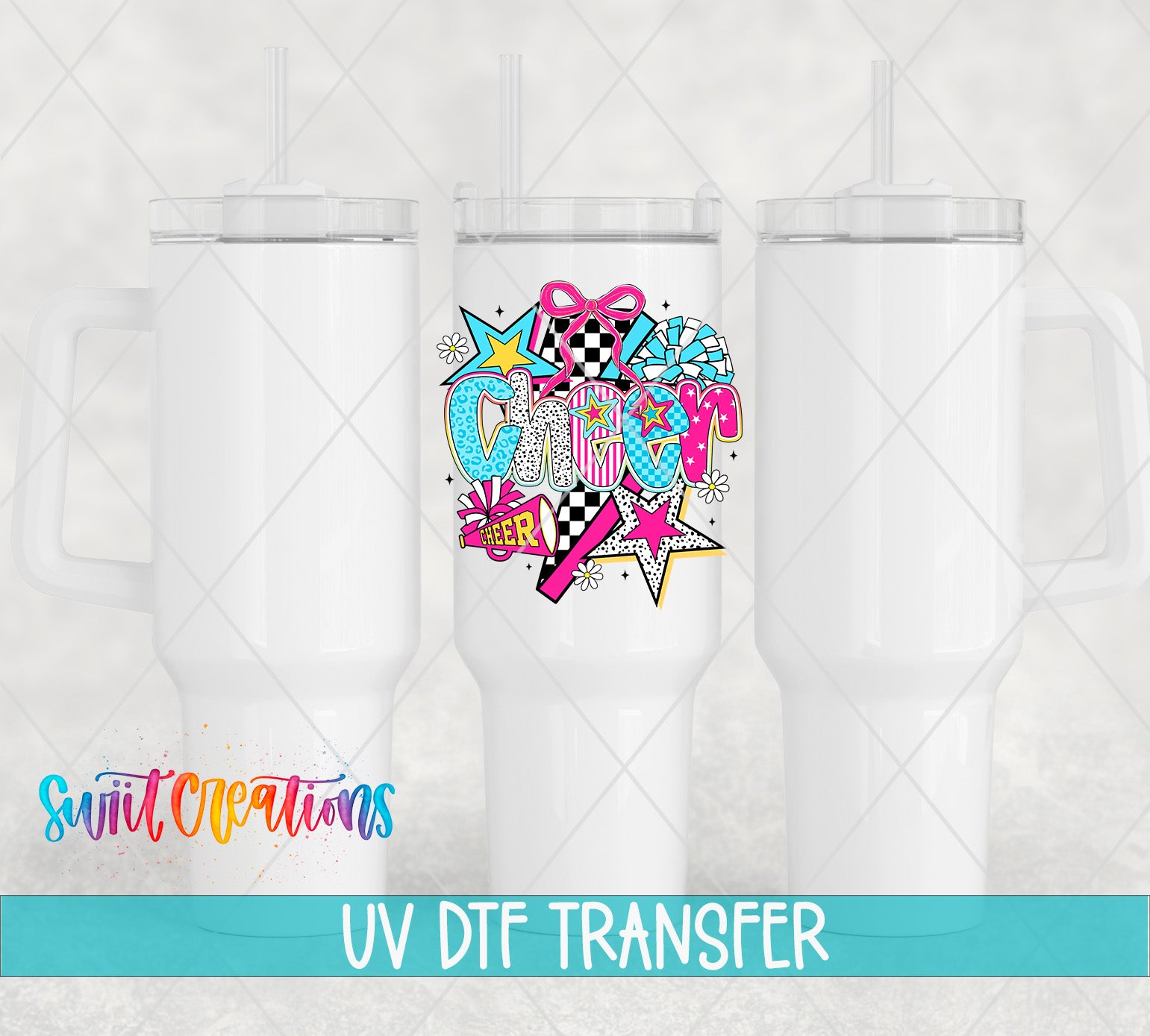 three white tumblers with colorful, abstract designs on them, along with text indicating a UV DFT (ultraviolet dye transfer) transfer process.