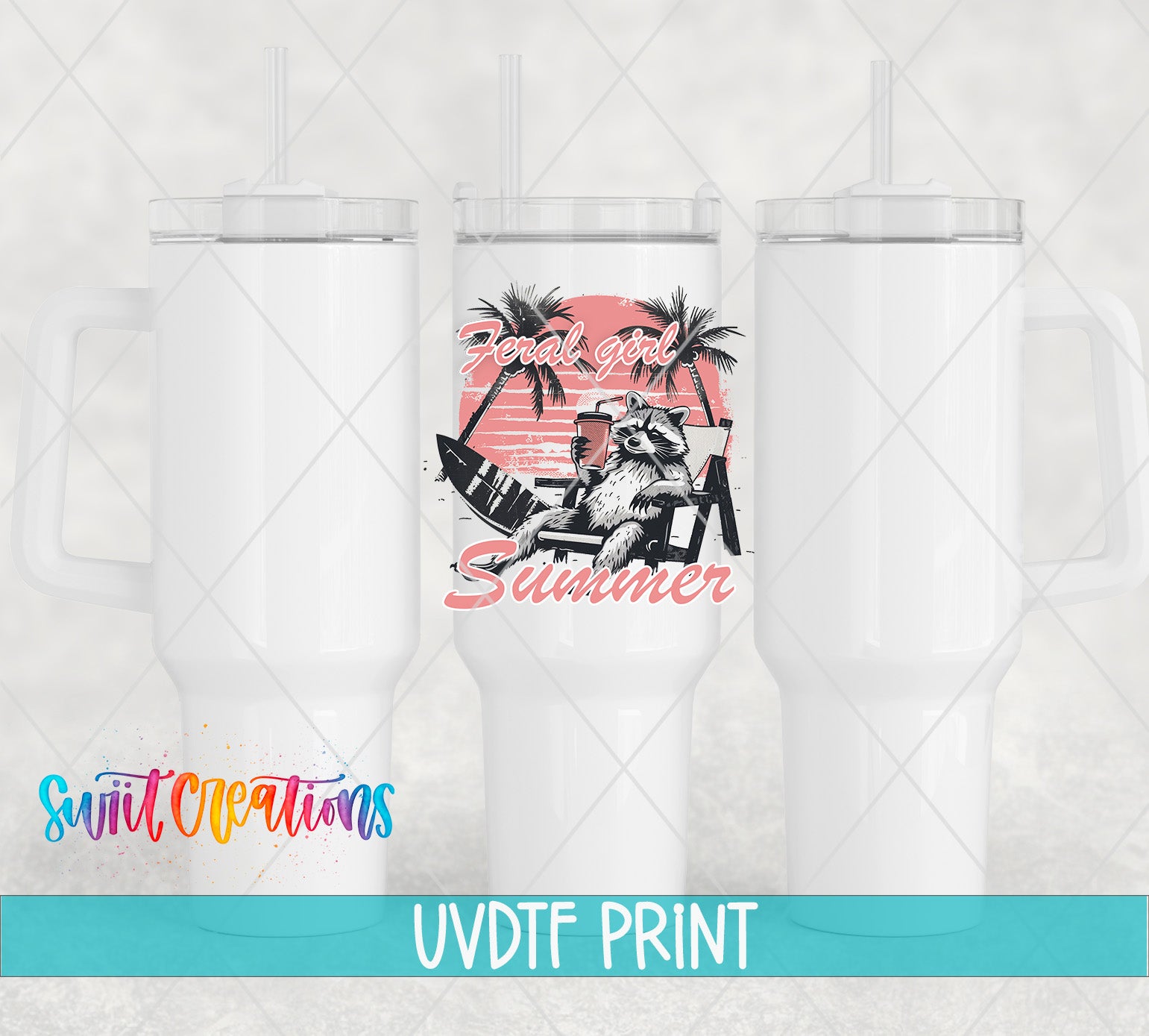 three white tumblers with a printed design on them, including a beach scene with palm trees and a surfboard.