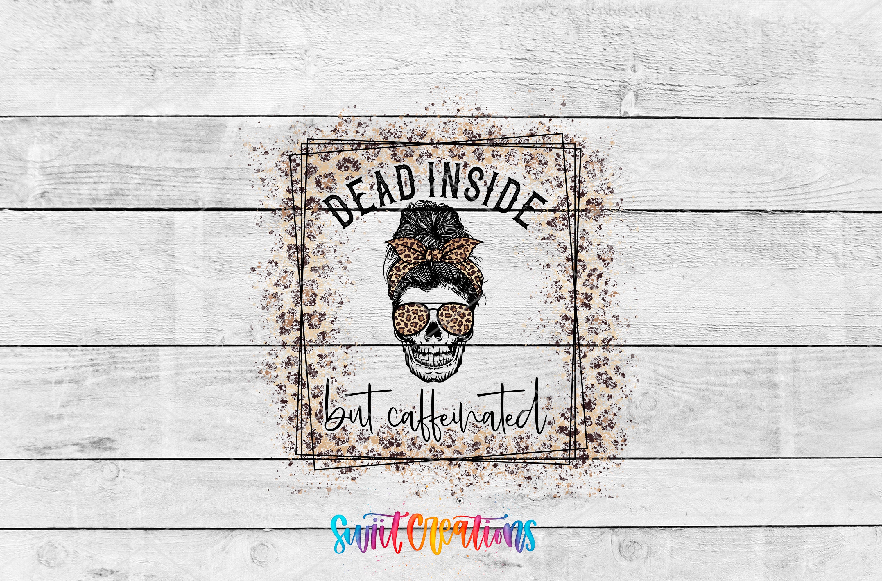a graphic design with a stylized skull wearing sunglasses and a headband, surrounded by a decorative border. The text "BEAD INSIDE but caffeinated" is displayed in a playful font above the skull.