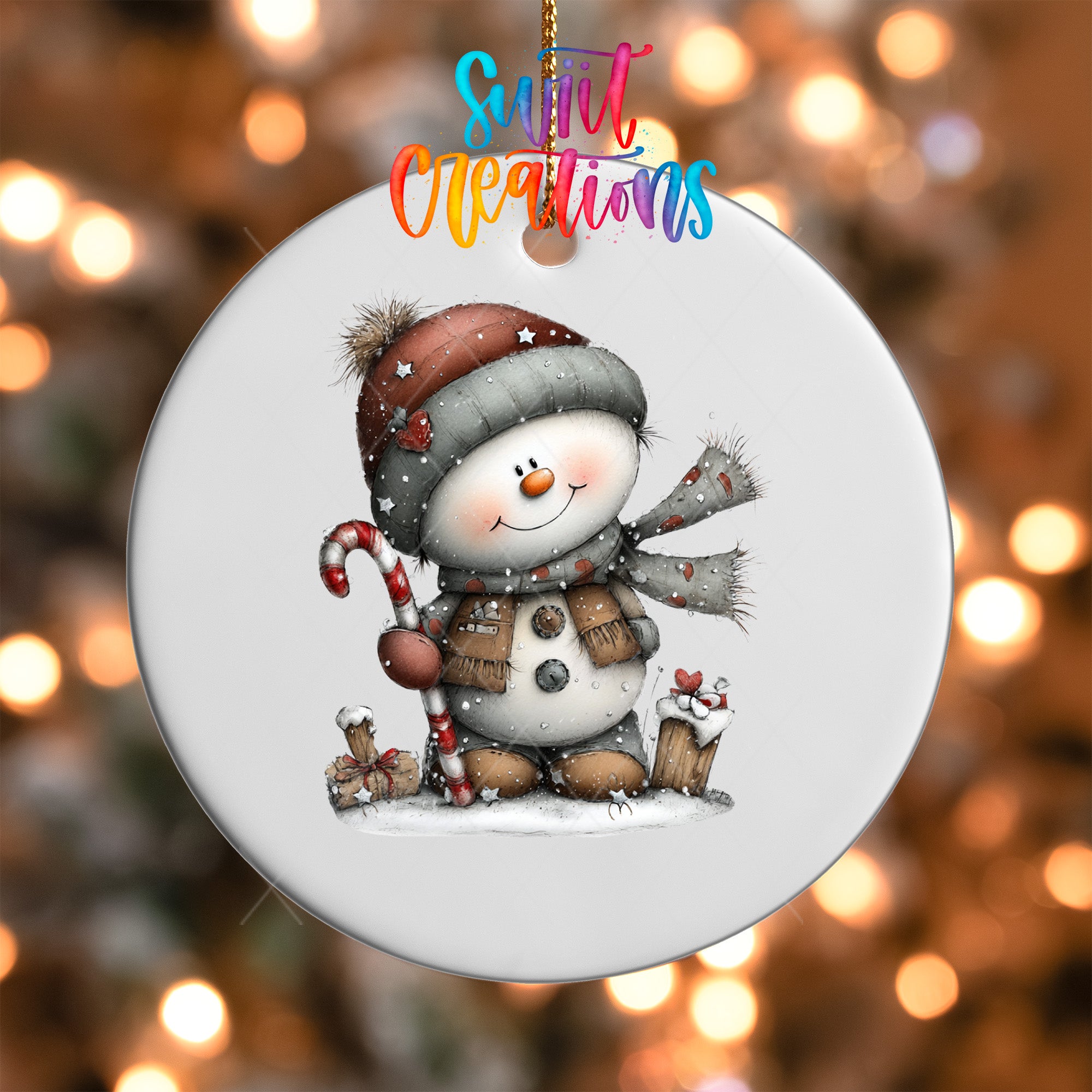 A snowman ornament with a candy cane and other winter accessories, set against a blurred background of twinkling lights.