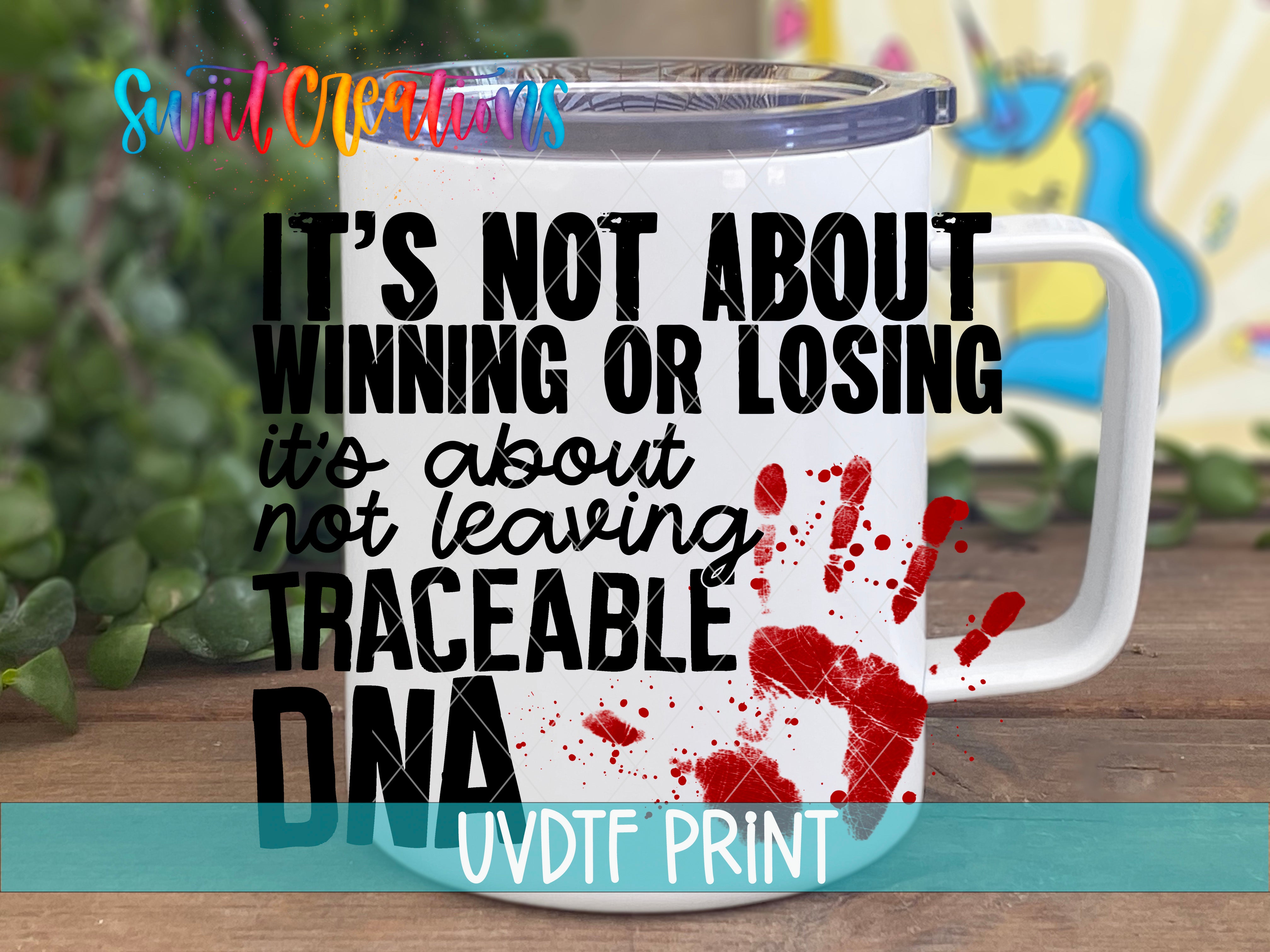 A white mug with a printed message on it, placed on a wooden surface.