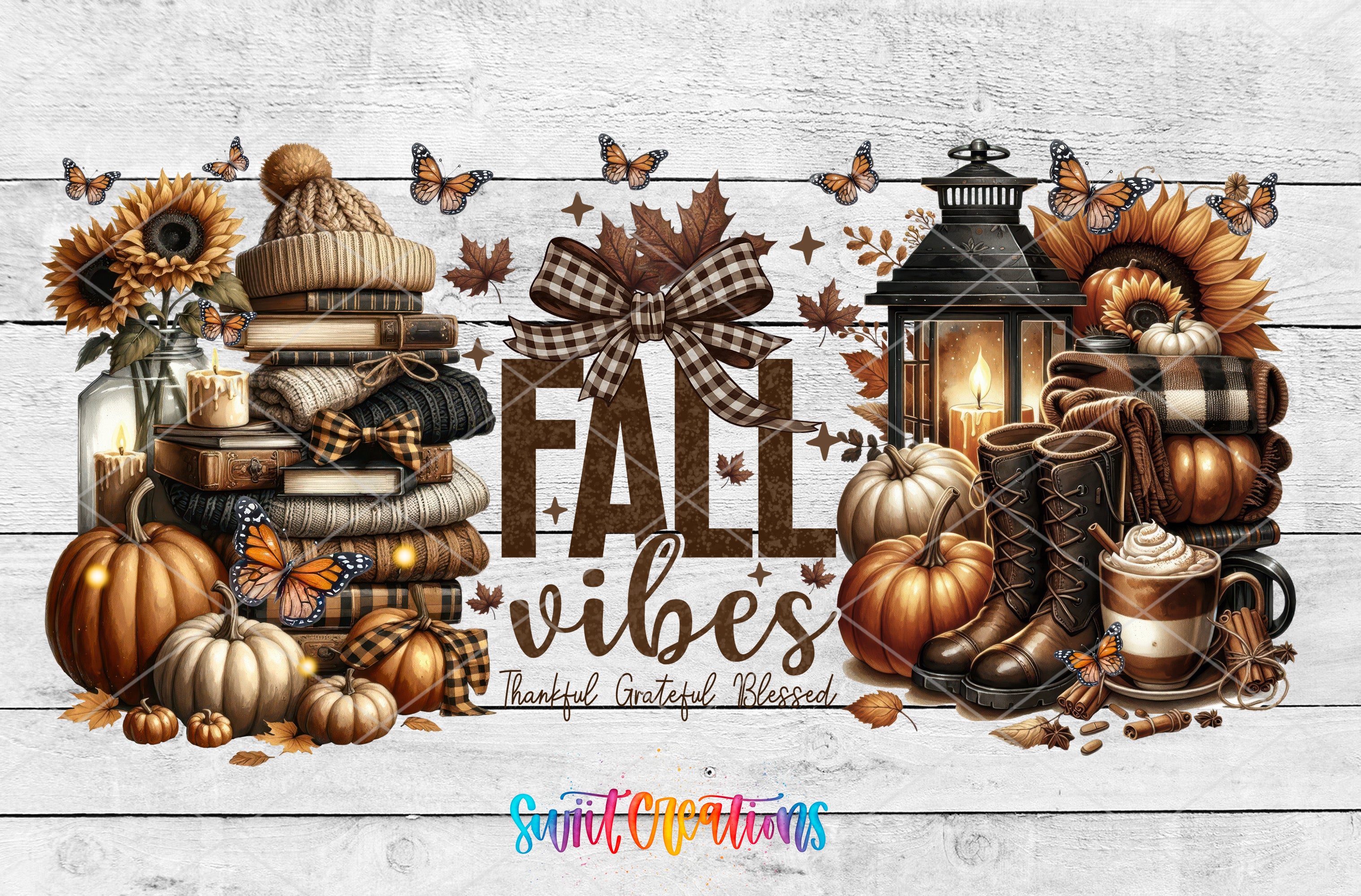 The image is a collage of various fall-themed items, including pumpkins, books, lanterns, and other seasonal decorations, arranged in a visually appealing manner.
