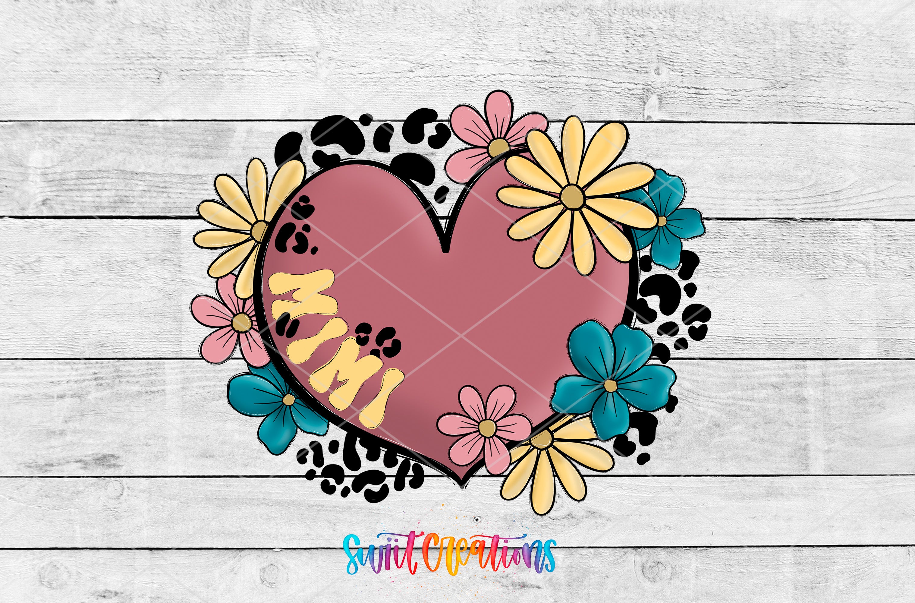 A heart-shaped graphic with a pink background, surrounded by colorful flowers and leopard print elements.