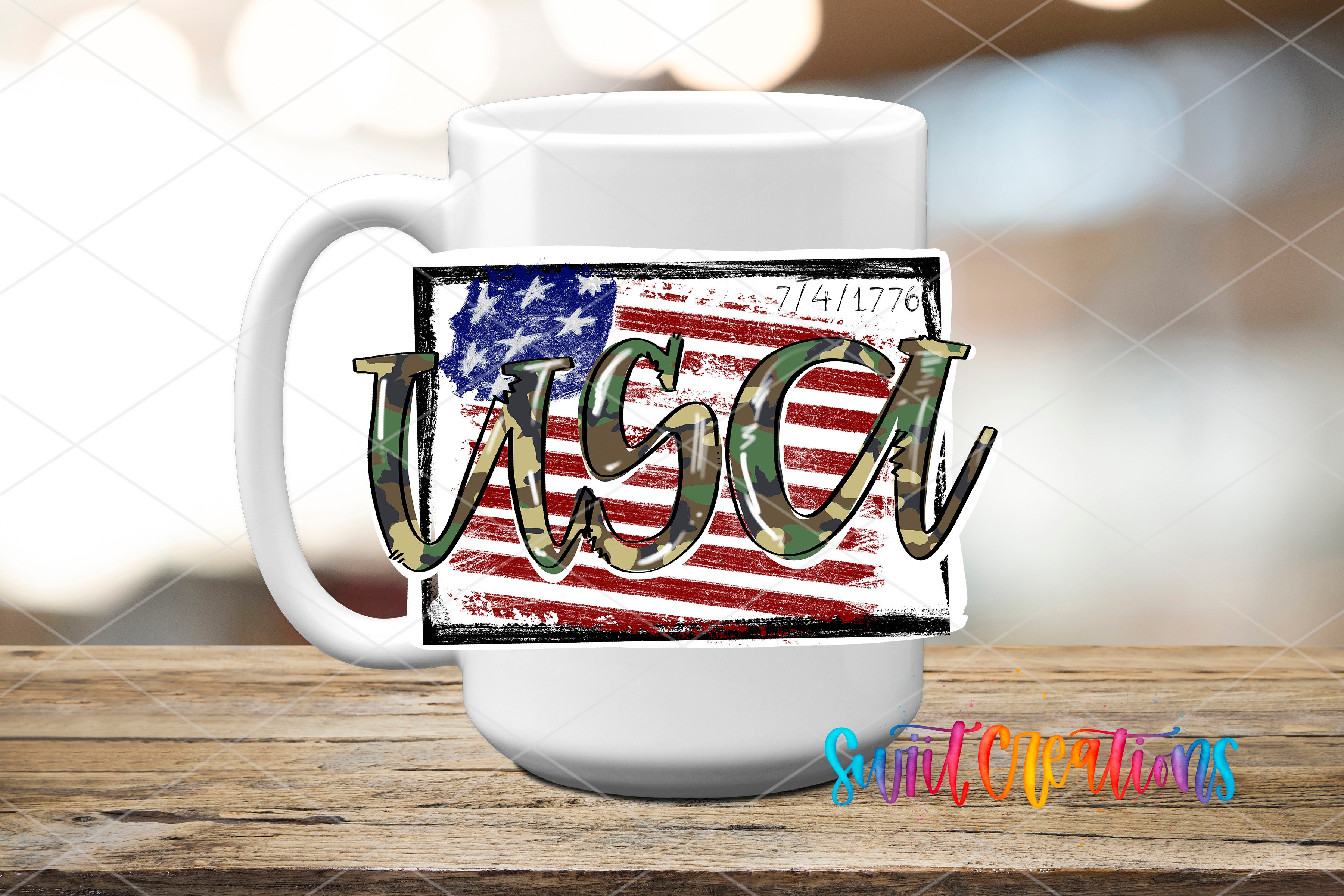 A white mug with a camouflage design featuring the word "USCA" and an American flag pattern.