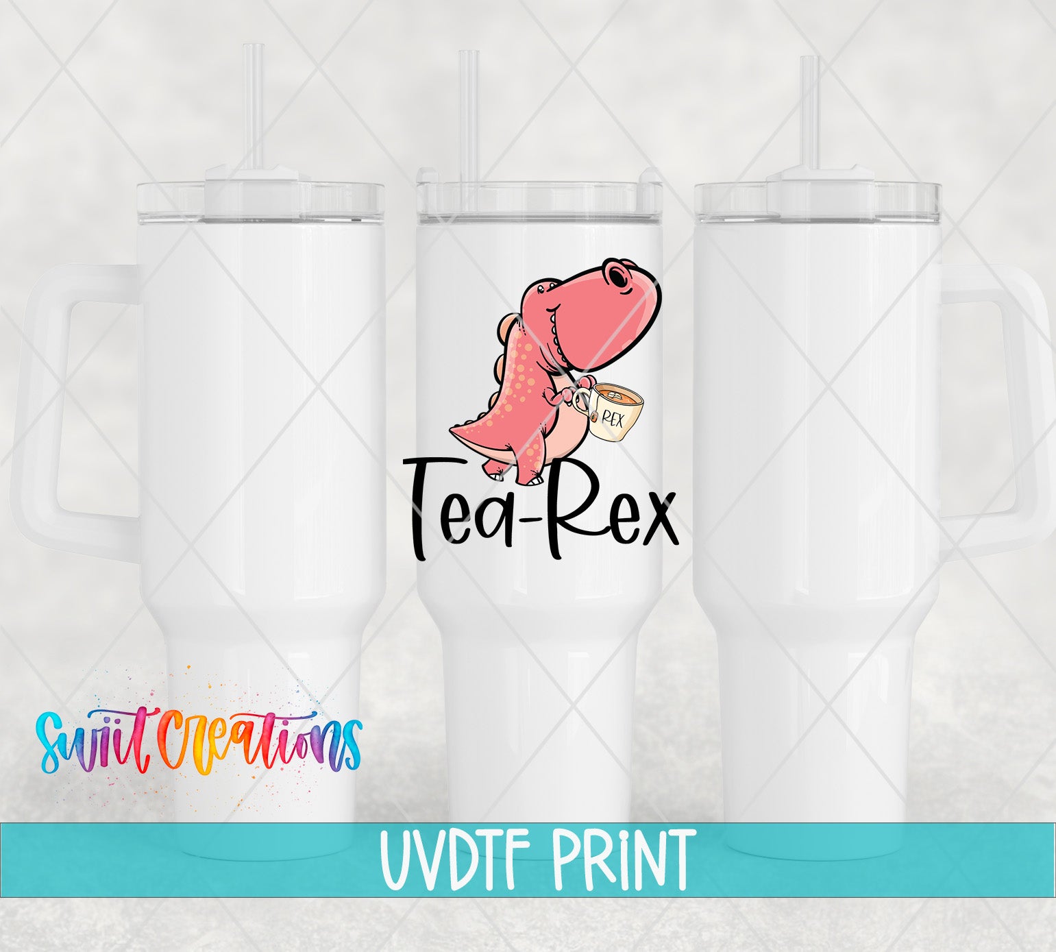 three white tumblers with a pink dinosaur graphic and the text "Ted-Rex" printed on them.