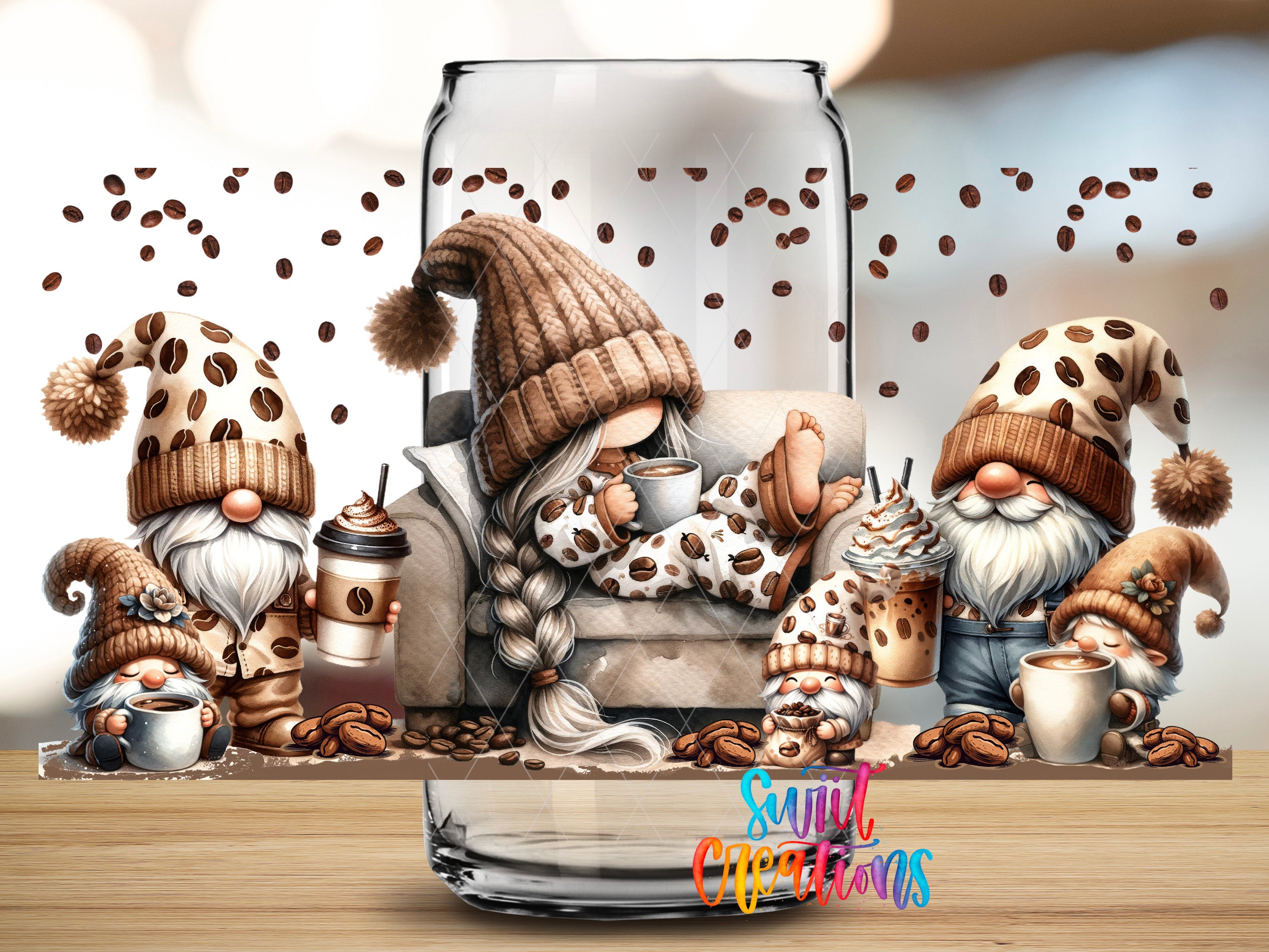 A whimsical illustration featuring a group of gnomes in cozy winter attire, surrounded by coffee beans and enjoying warm beverages.