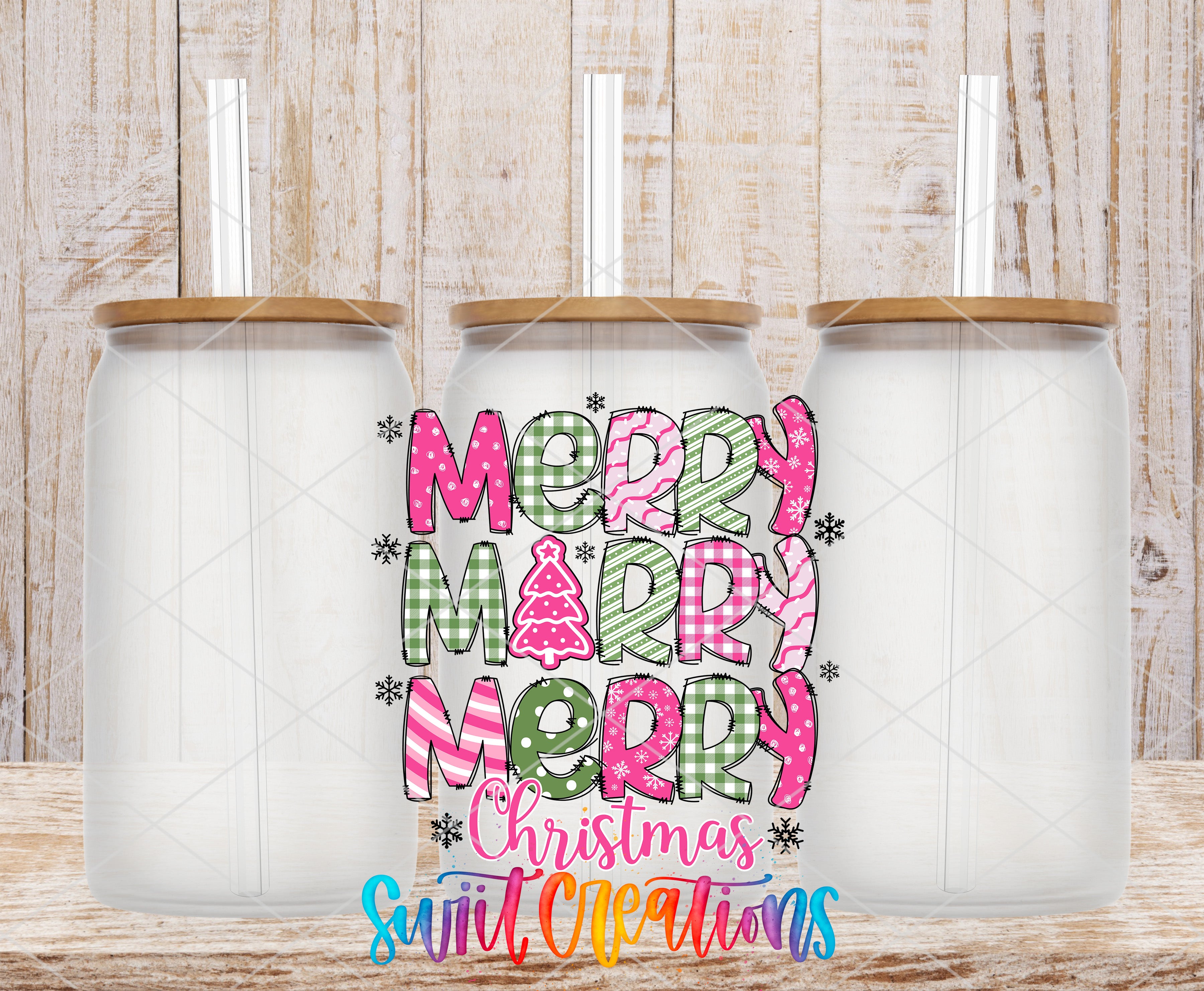 three glass jars with lids, each containing a straw, and a colorful graphic design in the center that says "MERRY MERRY MERRY Christmas" with a Christmas tree and snowflakes.