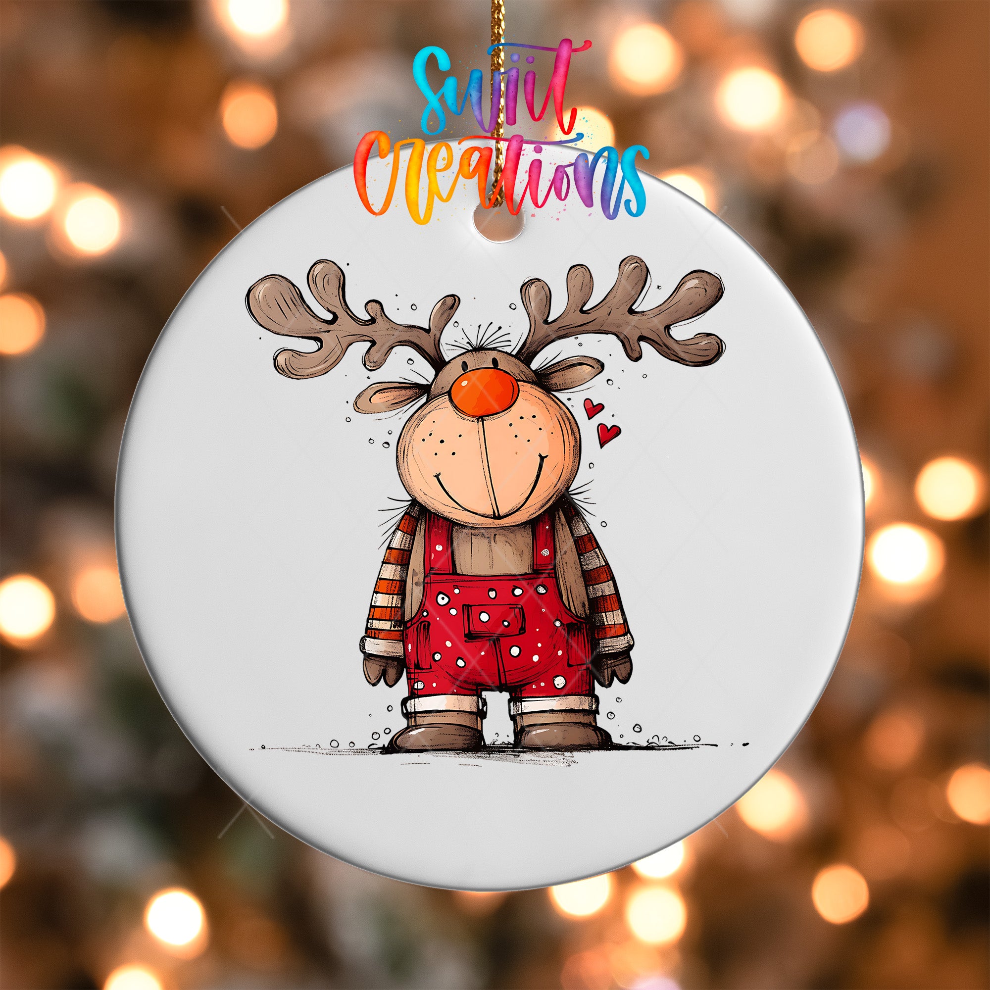 A white ornament featuring a cartoon reindeer wearing overalls and a red nose, with a smiling expression.