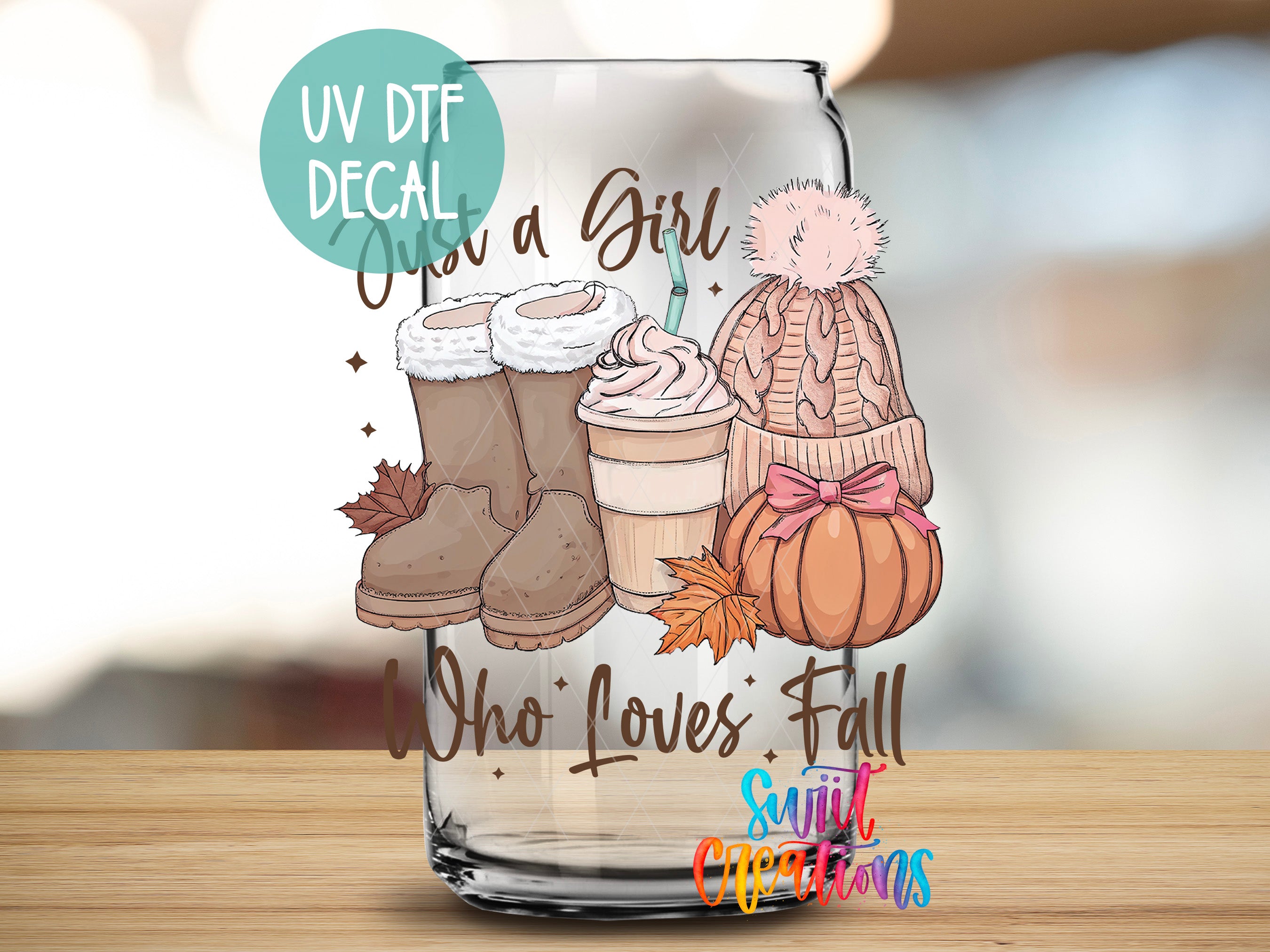 A glass with a UV decal featuring a girl, boots, a pumpkin, and a cup of coffee, along with the text "UV DTF DECAL Just a Girl Who Loves Fall Sunlit Christmas".