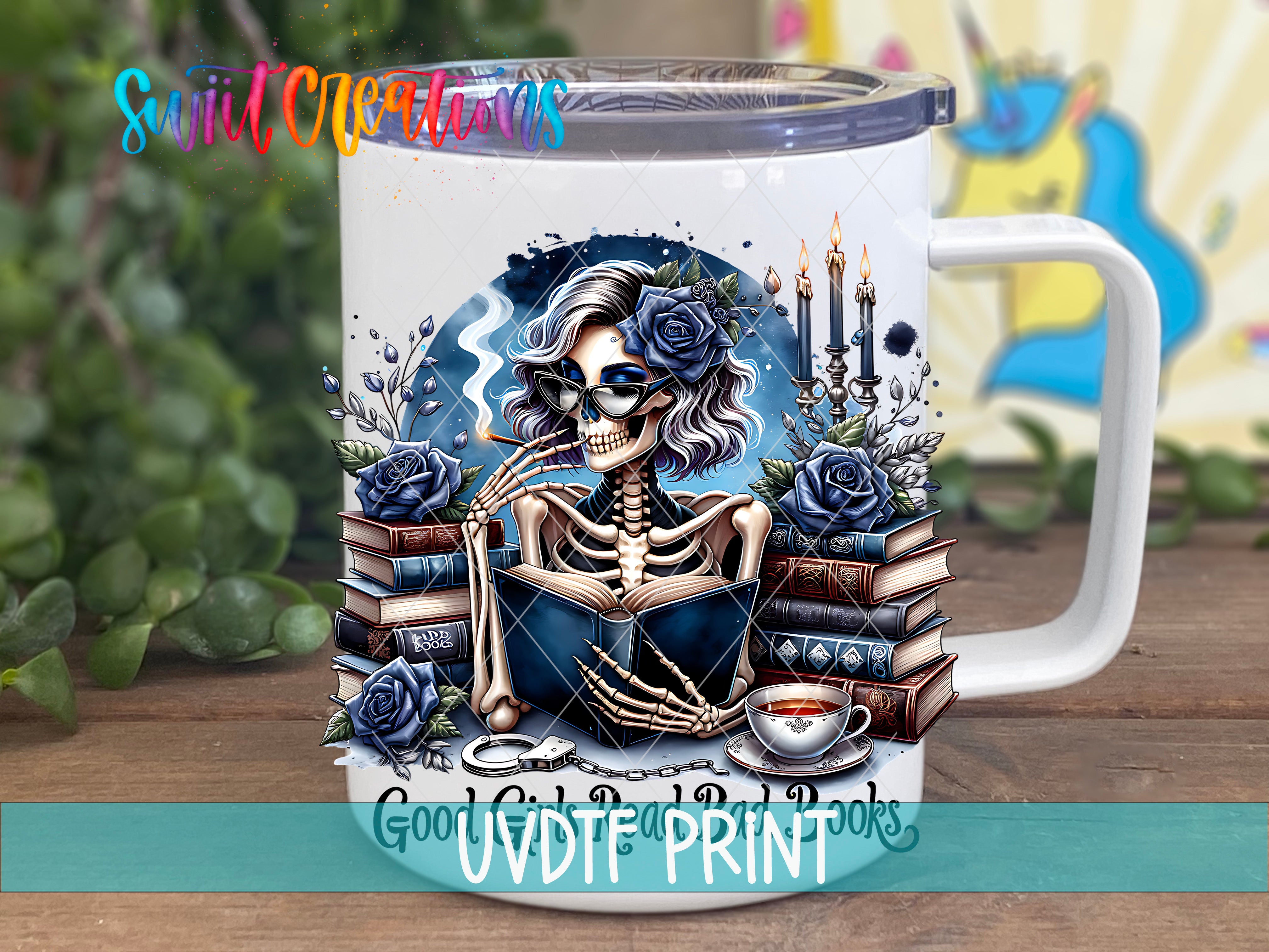A mug with an illustration of a skeleton reading a book, surrounded by flowers and candles, with a colorful background.